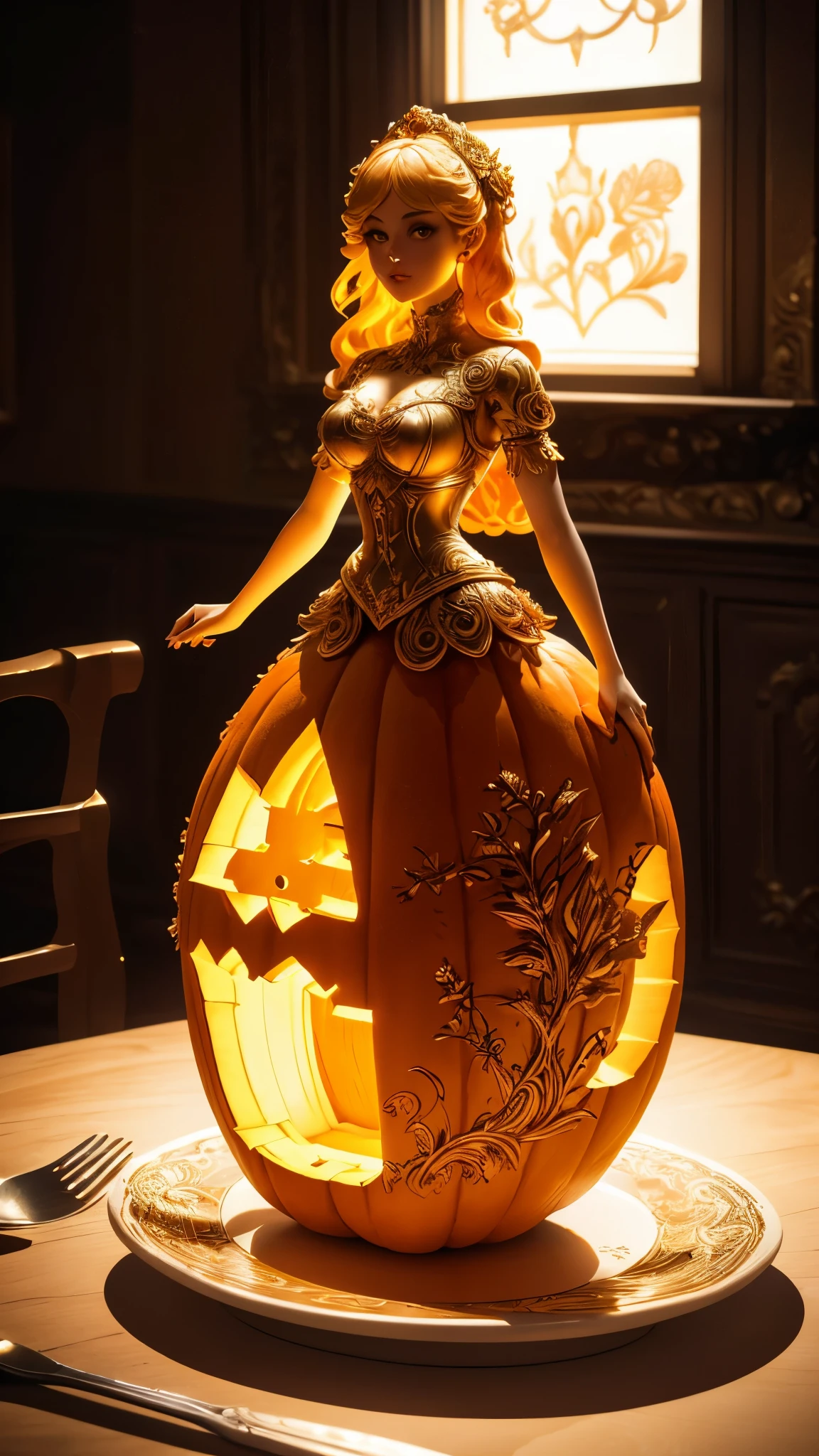 (A cute girl carved from a large pumpkin：1.1），（whole body），Beautiful long-haired girl，retro long skirt，16k，Orange，relief， and honest background：on the plate on the dining table，Fruit carving，food engraving，Three-dimensional engraving，scenography，food sculpture design， close-up, rotated, rococo style, Classicism, depth of field, UHD, masterpiece, ccurate, super detail, high details, high quality, award winning, best quality, highres, 16k，soft light lighting，