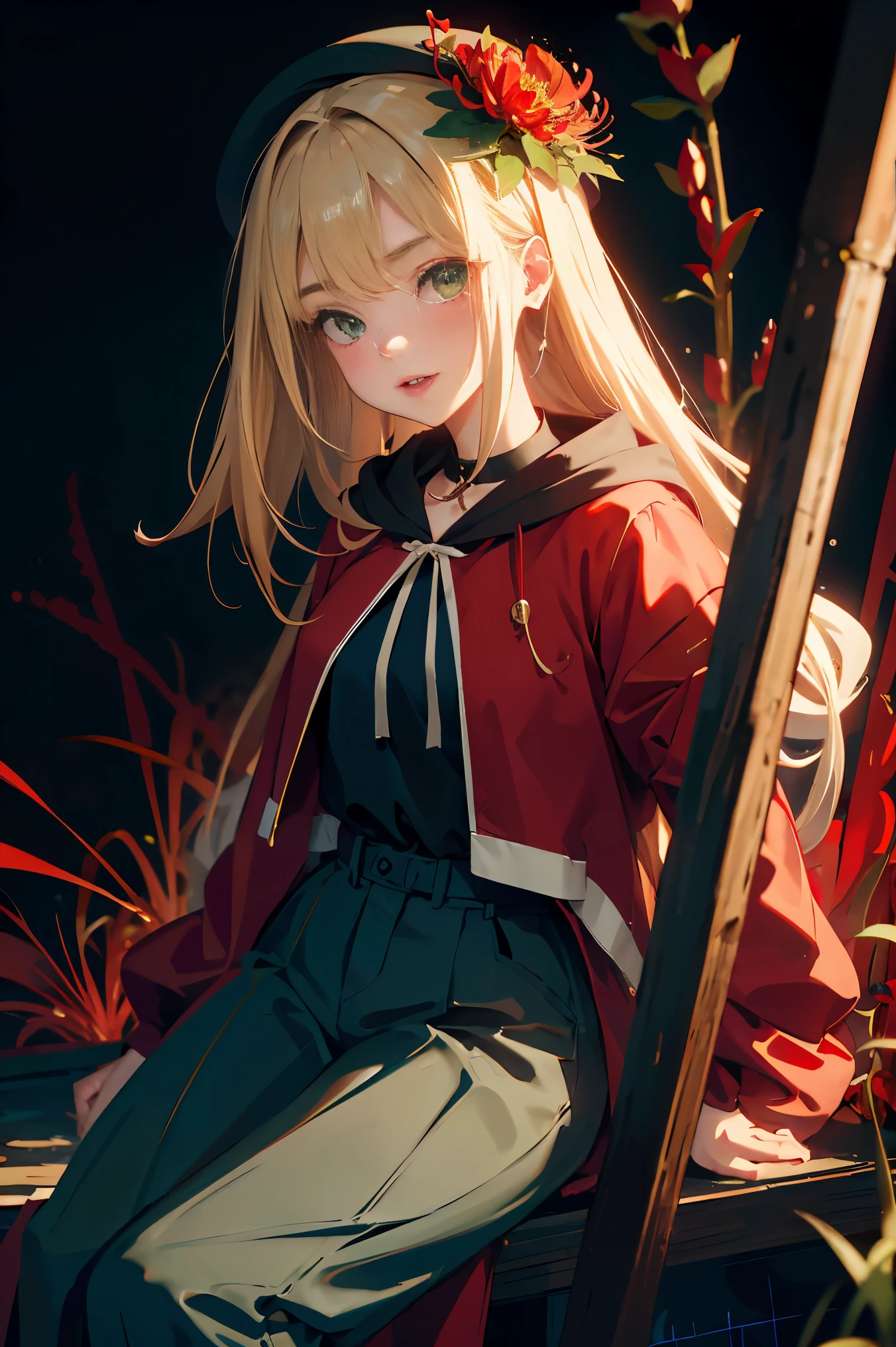 (Fine, beautiful eyes and detailed face)、cinematlic lighting、bustshot、Highly detailed CG Unity 8K wallpaper、(top-quality、hight resolution、8K、​masterpiece:1.2)。Curvaceous but slender、Muchimuchi Body、Red Spider Lily Field、Red modal lilies are blooming all around、Red Spider Lily、Grinning Woman、Red spider lily sits in the middle of blooming。With a somewhat horror look、Eight teeth are characteristic。Wear bloody clothes、Has an ax。Crazy looks and the gap between her and Red Spider Lily、Further enhance her beauty。Half-garment hoodie、accessorized、Mole、eyebrows、double tooth、canine teeth、poneyTail、Muscular nose、Clear, Detailed green eyes、blondehair、Hats、校服、red blush、short-haired、a choker、fleshy lips、Physical beauty、well-muscled、Raise headband bangs、Oforehead、Mysterious fashion、Street fashion、Anime style、animesque、Oversized trousers、Unreal、Fashion based on green and black、Backgrounds with depth、The background is a field of bright red lilies、10,000 Red Spider Lily。a necklace、Bracelets、Misanga、arm band、colorful backdrop、Light and Wall Co-star、Little black cat clinging to his shoulder、Original face、(dark themed:1.3)、Dark Fantasy、Long Black Hair、