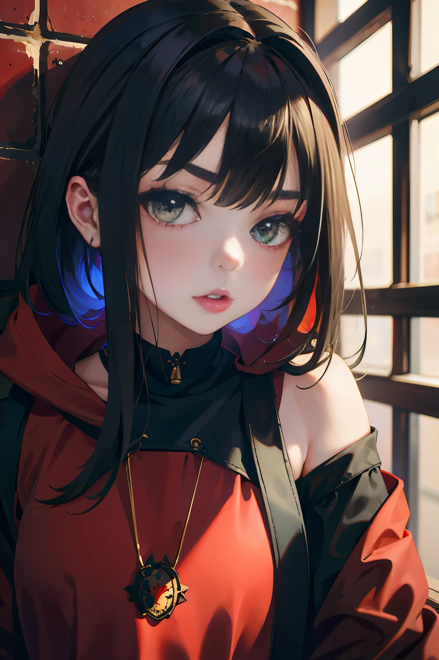 (Fine, beautiful eyes and detailed face)、cinematlic lighting、bustshot、Highly detailed CG Unity 8K wallpaper、(top-quality、hight resolution、8K、​masterpiece:1.2)。Curvaceous but slender、Muchimuchi Body、Red Spider Lily Field、Red modal lilies are blooming all around、Red Spider Lily、Grinning Woman、Red spider lily sits in the middle of blooming。With a somewhat horror look、Eight teeth are characteristic。Wear bloody clothes、Has an ax。Crazy looks and the gap between her and Red Spider Lily、Further enhance her beauty。Half-garment hoodie、accessorized、Mole、eyebrows、double tooth、canine teeth、poneyTail、Muscular nose、Clear, Detailed green eyes、blondehair、Hats、校服、red blush、short-haired、a choker、fleshy lips、Physical beauty、well-muscled、Raise headband bangs、Oforehead、Mysterious fashion、Street fashion、Anime style、animesque、Oversized trousers、Unreal、Fashion based on green and black、Backgrounds with depth、The background is a field of bright red lilies、10,000 Red Spider Lily。a necklace、Bracelets、Misanga、arm band、colorful backdrop、Light and Wall Co-star、Little black cat clinging to his shoulder、Original face、(dark themed:1.3)、Dark Fantasy、Long Black Hair、井ノ上たきな