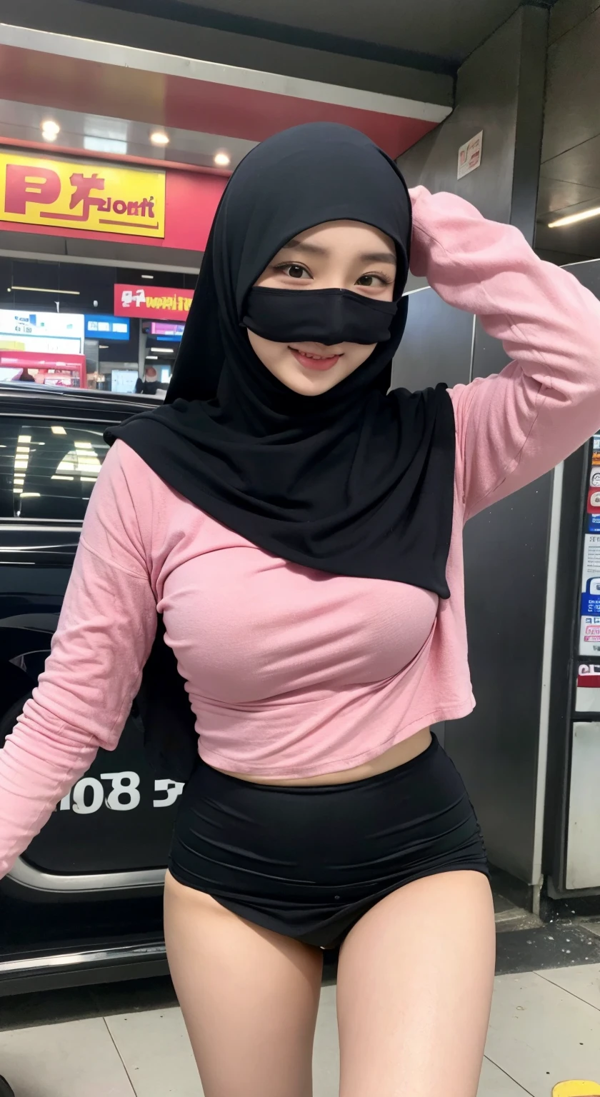 hot asian girl 18 years old wearing black hijab, pink tight ripped shirt long Sleeve, wet pee Her tight black mini skirt was ripped to shreds with big boobs in Pertamina gas station in Indonesia best quality full body photo from a distance, (squirting pee:1.5)