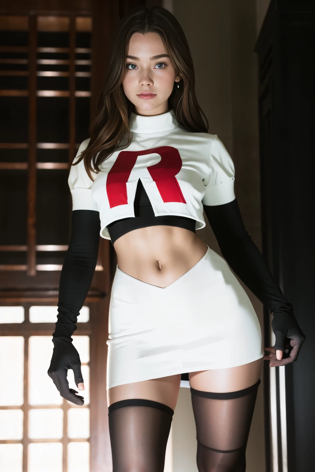 brandygordon, team rocket,team rocket uniform, red letter R, white skirt,white crop top,black thigh-highs, black elbow gloves,