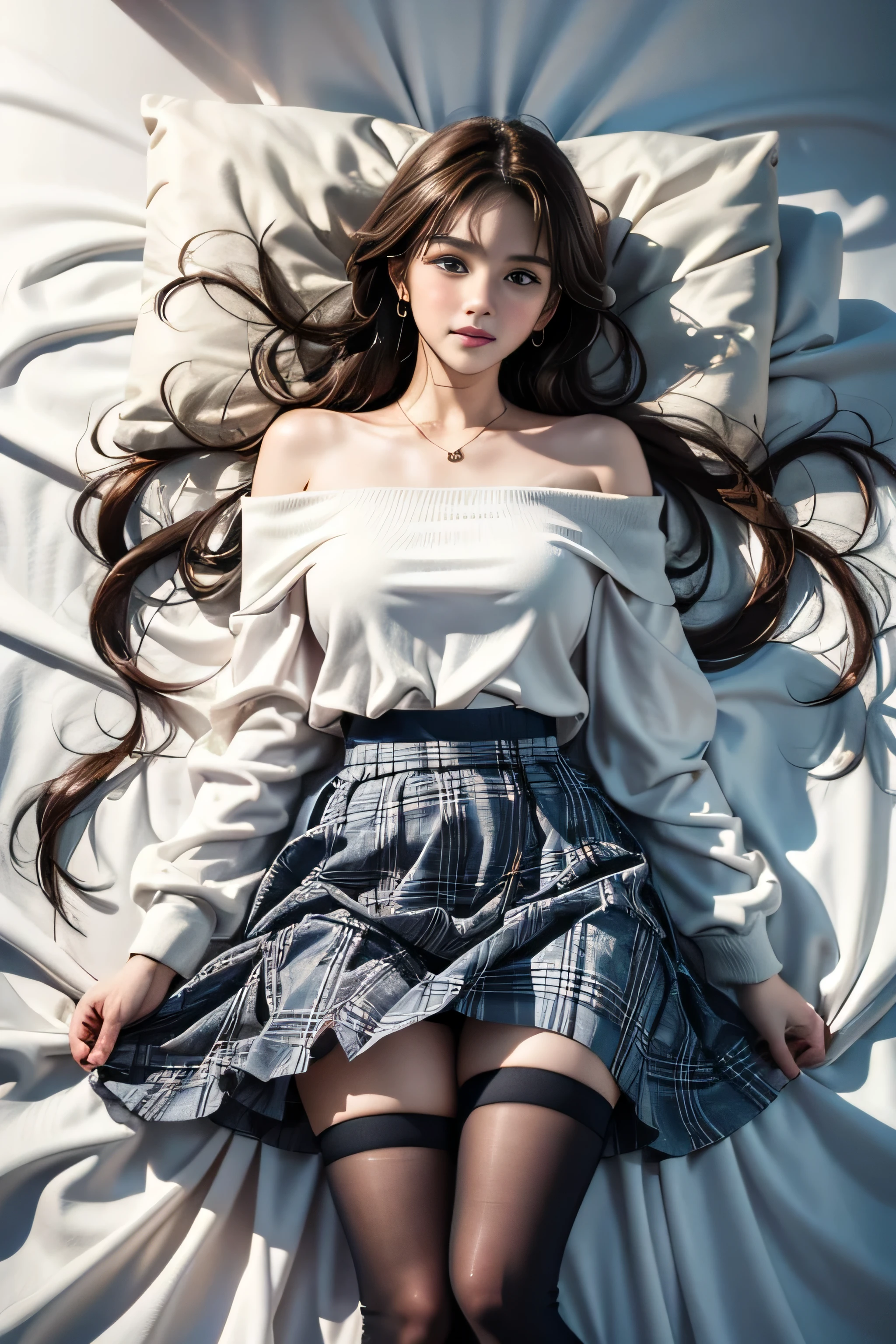 1 girl, striped hair, light brown hair, bangs, long hair, floating hair, aqua eye, 瞳孔がshine, compensate, blush, smile, verism, hyper realism, modern art, Expressionism, modern, surrealism, chiaroscuro, shine, Landscape, wide shot, wide angle, f/1.2, 135mm, nikon, UHD, retina, masterpiece, Accurate, anatomically correct, rough skin, Super detailed, advanced details, high quality, 最high quality, High resolution, 1080P, HD, 4K, 8K( Girl lying on bed)，1 girl、charming eyes，Heartwarming action，Turn your face away from the camera，bent down，bend over，turn back，Look up at your head，thick and long black hair，highly detailed body，highly detailed face，最high quality,(high school girl),((Off-shoulder translucent white blouse)),(Cleavage coordination),((navy check flare skirt)),(black stockings)、