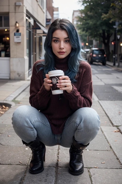 She should be wearing a branded coffee cup in her hand, wearing a winter dress, boots on her feet, wearing jeans, a sweater, realistic, true color tones, blue hair, her face should not slip, posing in the right position.