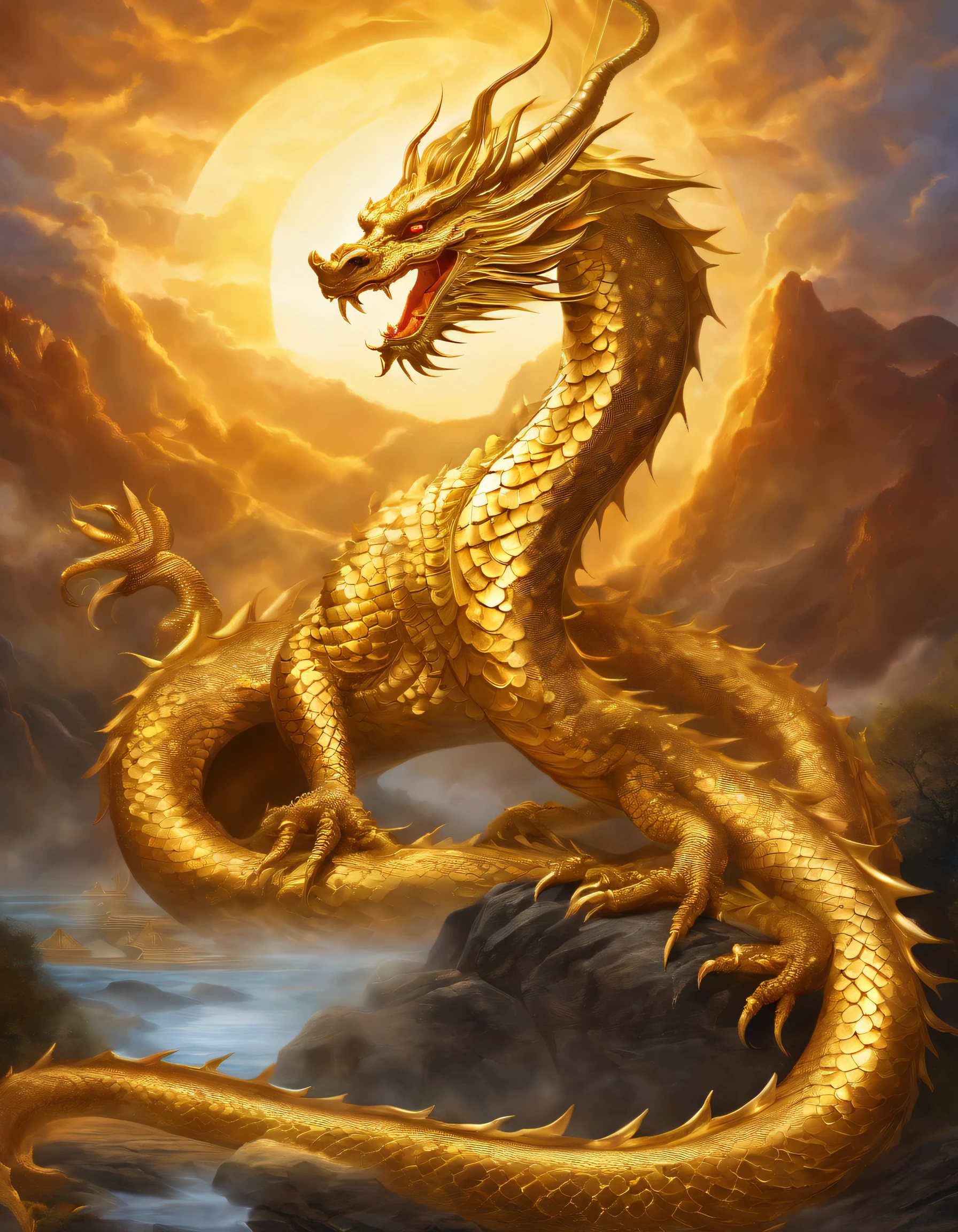 "Create an illustration of a golden dragon deity. It should have serpent-like, metallic scales, ascending upwards, against a clear and bright sky. This illustration embodies spirituality, the realm of the spirit, chakras, the spiritual world, and a fantastical atmosphere."