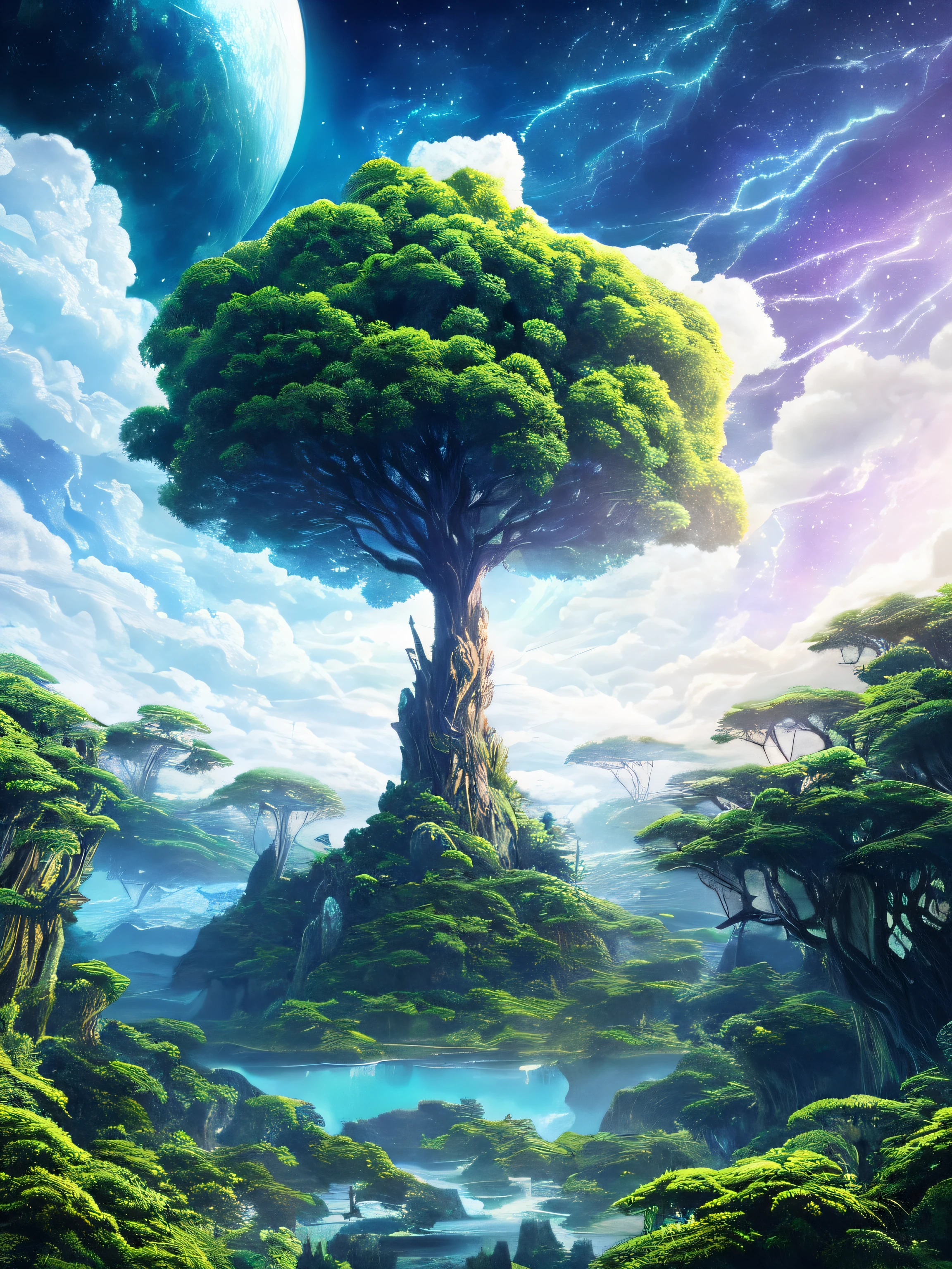 Illustration of a surreal, otherworldly, hyper sky scene including a giant crystal tree full body, highly detailed and magical lighting, intricate forest details, vegetation and surrounding river, solar punk, landscape, giant tree , beautiful green leaves, beautiful lighting and realistic proportions, as if this is a movie background, 8k, highest quality, masterpiece, clouds and stars in the sky.