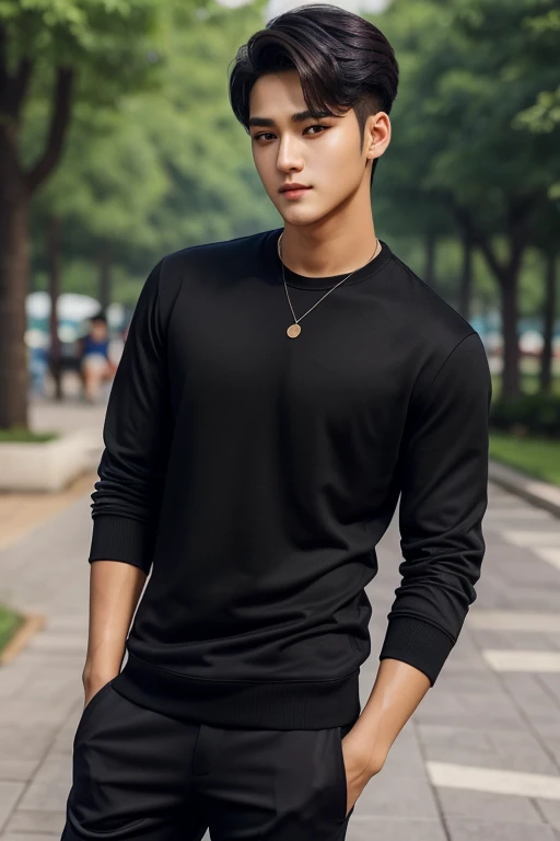 Mingyu,  korean idol, idol, ((High quality)), ((masterpiece)), ((highly detailed)), perfect face, detailed face, realistic, ((man)), black hair, comma hair style, outdoor, ((handsome)), detailed eyes, beautiful detailed nose, realistic body, realistic light, comfortable expressions, cute guy, sweat guy, cool guy, mascular body, wearing black pants, sweaty