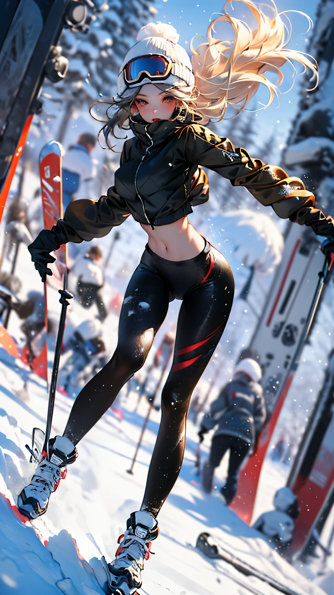 Epic CG masterpiece, hdr,dtm, full ha,8K, ultra detailed graphic tension, dynamic poses, stunning colors, 3D rendering, surrealism, cinematic lighting effects, realism, 00 renderer, super realistic, full - body photos, super vista, super wide Angle, HD
super wide lens, a girl  skiing through some snow in fluorescent fluorescent Red, in the style of shilin huang, detailed attention to costume and fashion, eye-catching, body extensions, sfumato fluid, movements, extremely detailed textures and lights, photorealistic 32K resolution gym_uniform, exposed abdomen
(Slim body:1.1)(long legs:1.3), (skinny legs:1.2),
