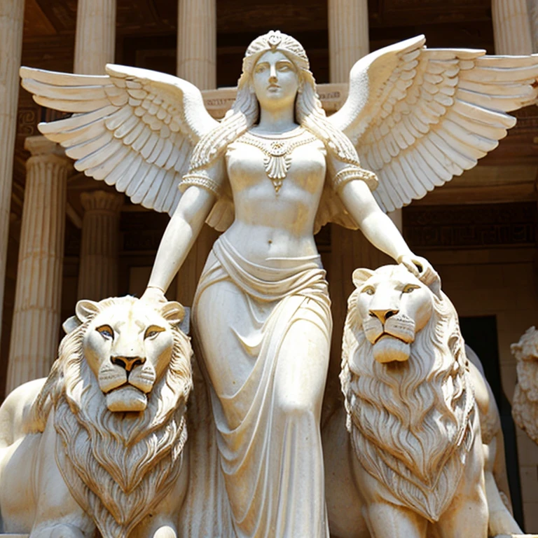 image of white marbel statue of INANNA the queen of heven in mesopotamian legend, with huge wings and a lion beside her