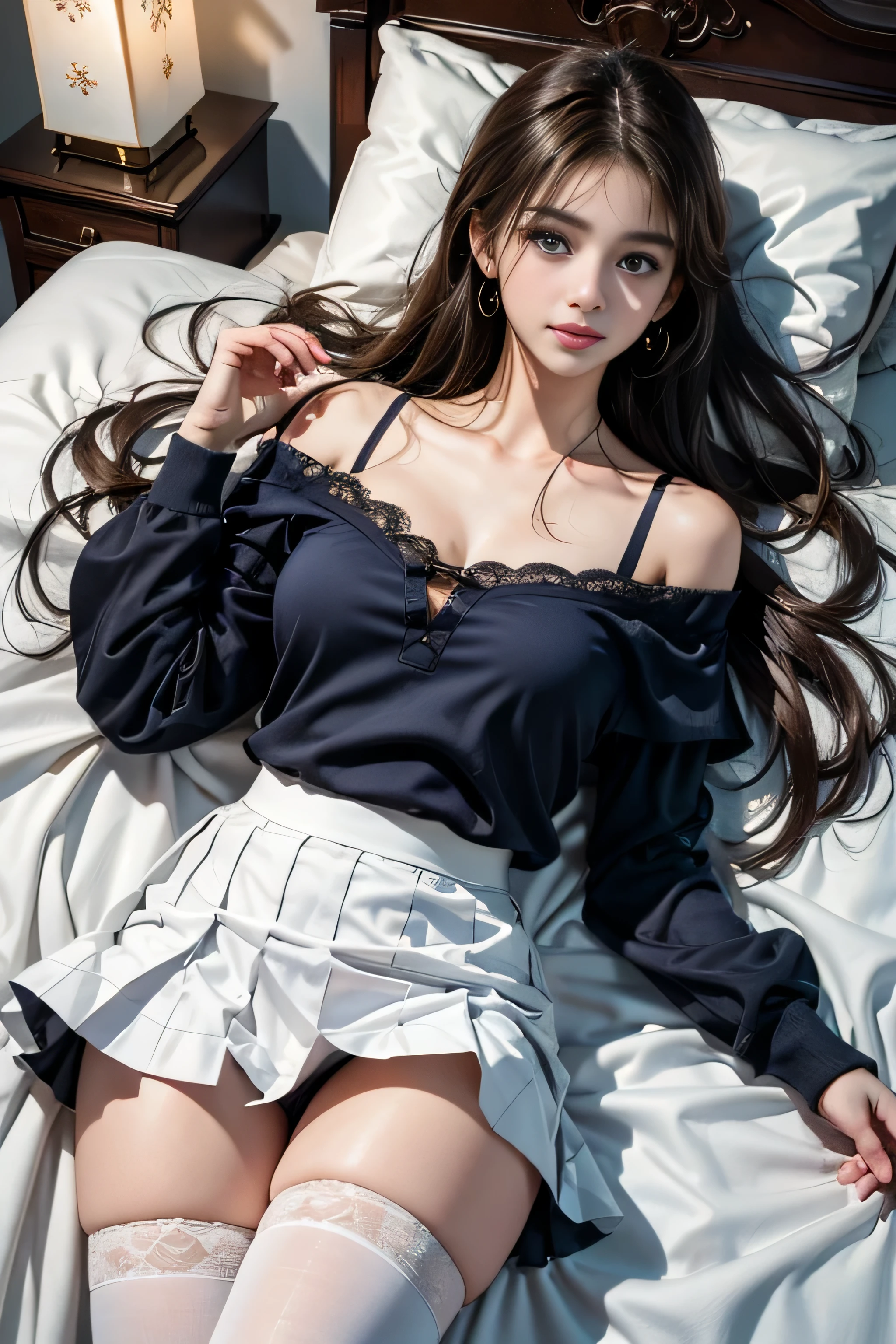 1 girl, striped hair, light brown hair, bangs, long hair, floating hair, aqua eye, 瞳孔がshine, compensate, blush, smile, verism, hyper realism, modern art, Expressionism, modern, surrealism, chiaroscuro, shine, Landscape, wide shot, wide angle, f/1.2, 135mm, nikon, UHD, retina, masterpiece, Accurate, anatomically correct, rough skin, Super detailed, advanced details, high quality, 最high quality, High resolution, 1080P, HD, 4K, 8K,((Girl lying on bed)),1 girl、charming eyes,Turn your face away from the camera,Look up at your head,thick and long black hair,highly detailed body,highly detailed face,最high quality,(high school girl),((Off-shoulder translucent white blouse)),(Cleavage coordination),((navy check flare skirt)),(black stockings)、(White lace panties are visible),