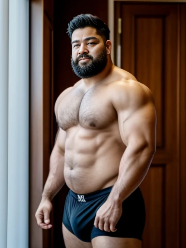 phimosis,pose for a photo, I'm not wearing anything,Asian々,lower body,Completely naked,feet,thick body hair,male muscular body,clumsy medium shot,front light,muscular upper body,fat belly,strong and sturdy body,showing the belly button,Half-man half-Asian black bear,press chest together, between chest, in chest, chest squeeze, open your mouth and laugh,