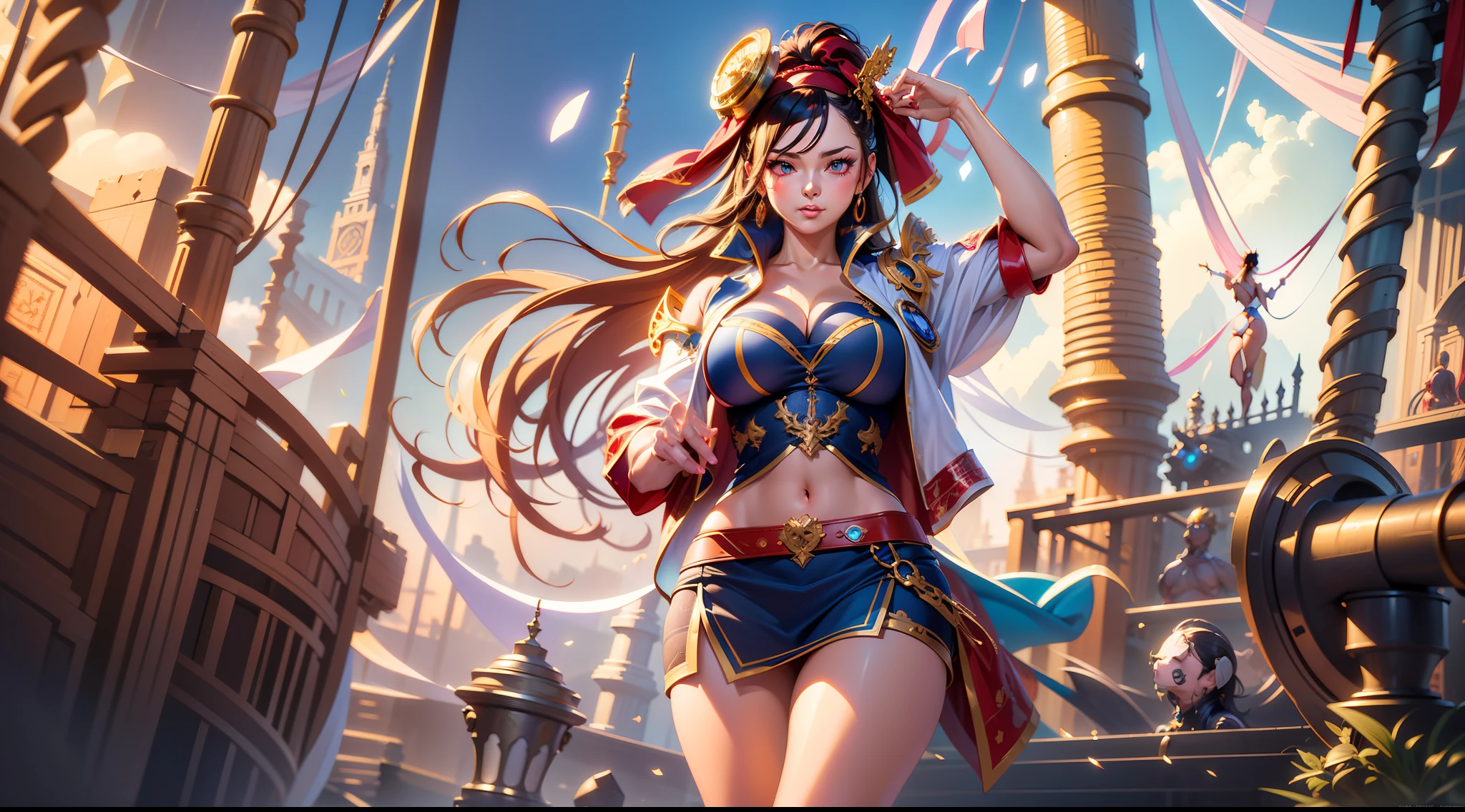 full body portrait of a photo realistic beautiful girl, 1 girl, facing forward, waifu, flowing hair, One Piece themed and labeled short modern clothing, big beautiful flirtateous open eyes, standing straight, cinematic lighting, pirate ship environment setting, highly detailed, digital painting, trending on artstation, pixiv, concept art, sharp focus, illustration, art by ross tran and wlop, Glowing eyes, Best quality, good lighting, large breasts with cleavage, seductive face, Masterpiece, highres,sharp focus,(ultra detailed,extremely detailed),(photorealistic artwork:1.37),(extremely detailed CG unity 8k wallpaper),(((vibrant colors,vibrant theme))),(intricate),(masterpiece),(best quality), girl is playing with Chopper