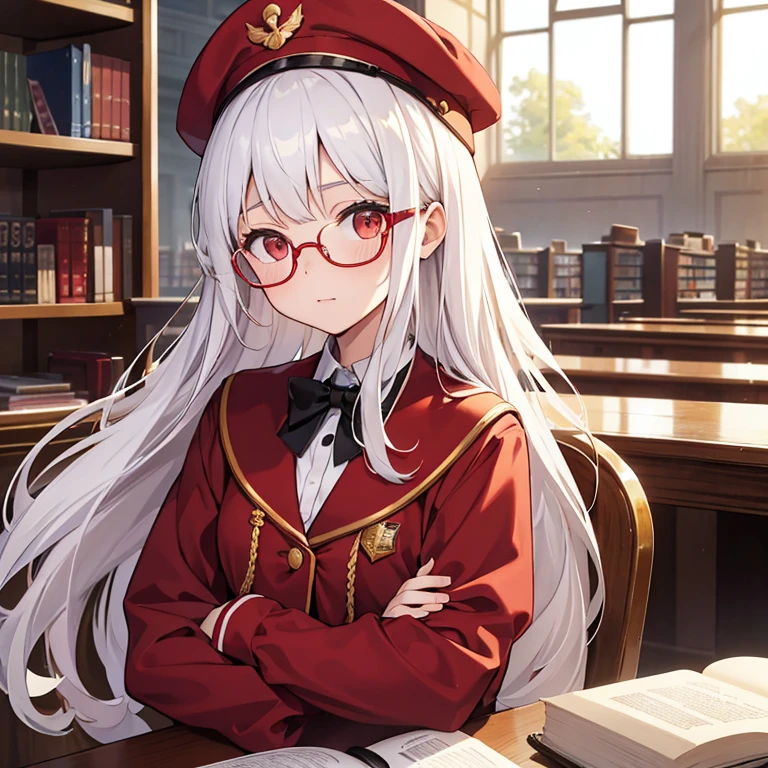 16-year-old girl,Upper body photos,long white hair,golden-framed glasses,red pupillack school uniform,library