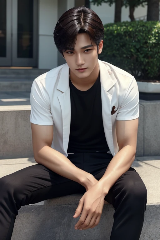Mingyu, korean idol, idol, ((High quality)), ((masterpiece)), ((highly detailed)), perfect face, detailed face, realistic, ((man)), black hair, comma hair style, outdoor, ((handsome)), detailed eyes, beautiful detailed nose, realistic body, realistic light, comfortable expressions, cute guy, sweat guy, cool guy, mascular body, wearing black pants, sweaty