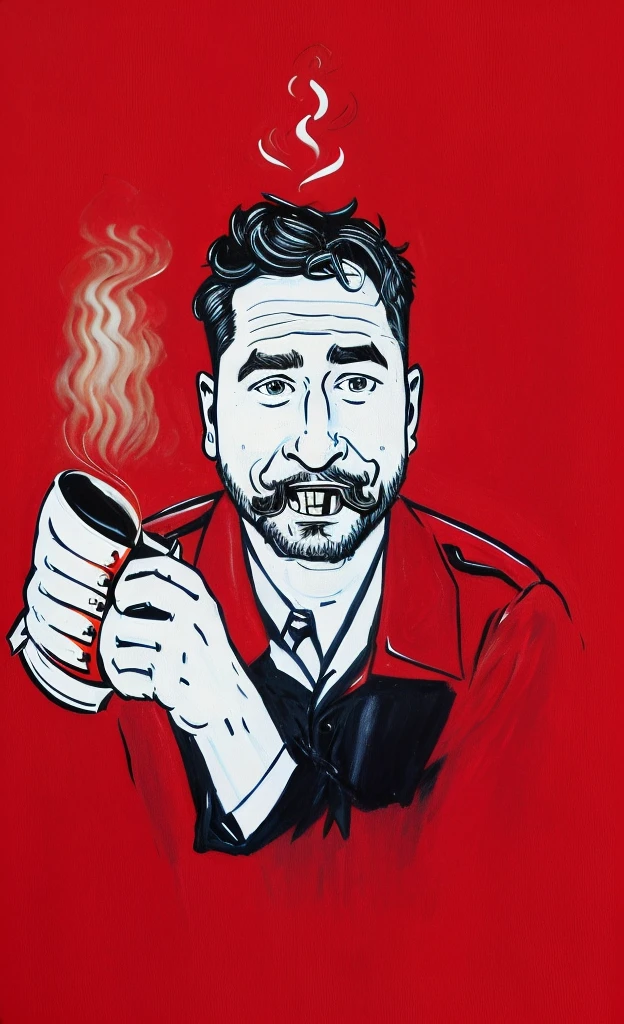 painting of a man holding a cup of coffee with a smile on his face, portrait of morning coffee, h3h3, drinking a coffee, on a red background, drinking coffee, drinking a cup of coffee, portrait of crazy post malone, inspired by Ivan Meštrović, vinny from vinesauce, drink more coffee, cartoonish and simplistic