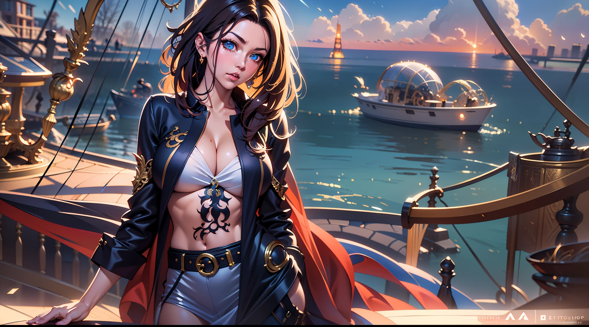 full body portrait of a photo realistic beautiful girl, 1 girl, facing forward, waifu, flowing hair, One Piece themed and labeled short modern clothing, big beautiful flirtateous open eyes, standing straight, cinematic lighting, pirate ship environment setting, highly detailed, digital painting, trending on artstation, pixiv, concept art, sharp focus, illustration, art by ross tran and wlop, Glowing eyes, Best quality, good lighting, large breasts with cleavage, seductive face, Masterpiece, highres,sharp focus,(ultra detailed,extremely detailed),(photorealistic artwork:1.37),(extremely detailed CG unity 8k wallpaper),(((vibrant colors,vibrant theme))),(intricate),(masterpiece),(best quality), girl is playing with Chopper