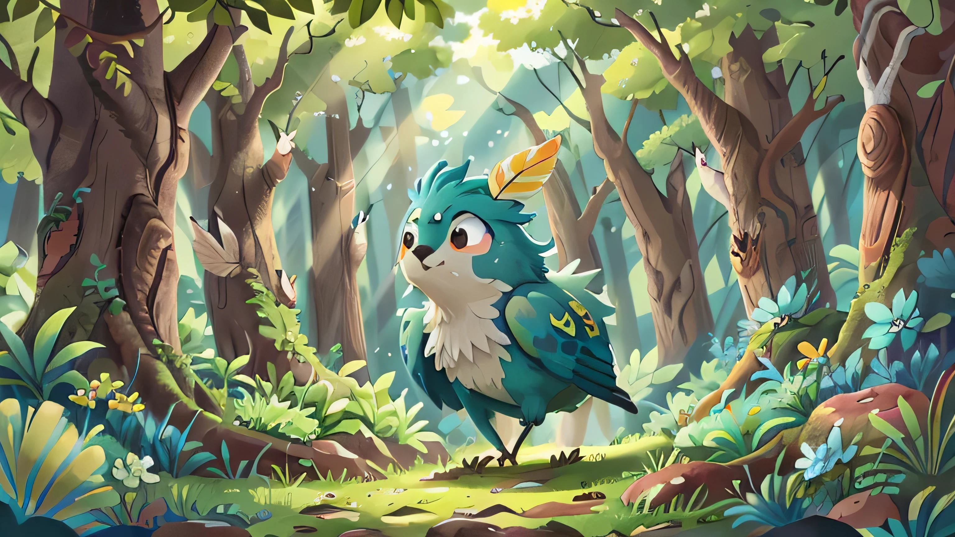 Lively feathers fall. There are green and blue.,Whispering Woods, Beautiful forest with ancient oak trees and shining sunlight..