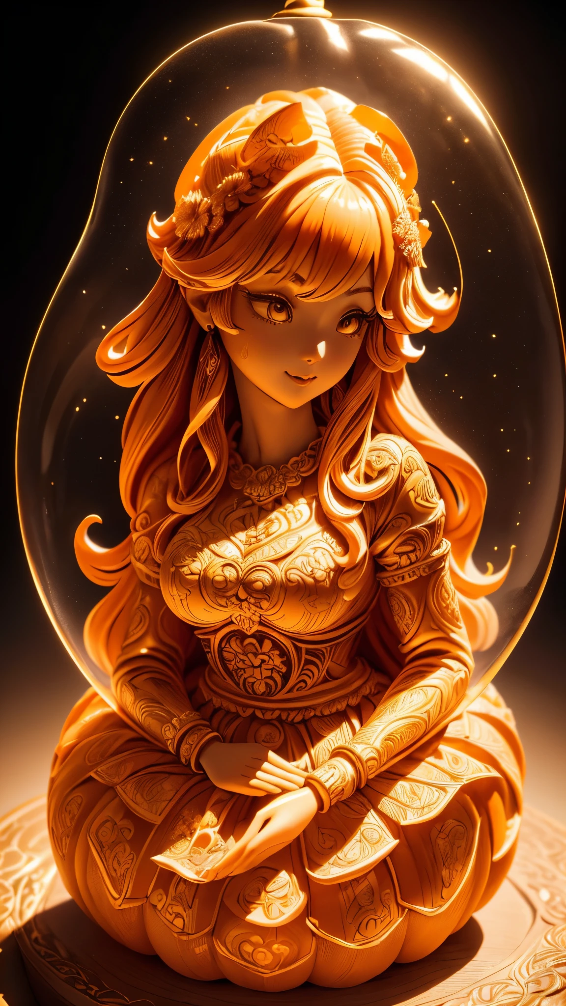 (A cute girl carved from a large pumpkin：1.1），（whole body），Beautiful long-haired girl，Retro court long skirt，16k，Orange，relief， and honest dining table background，Fruit carving，food engraving，Three-dimensional engraving，scenography，food sculpture design， close-up, rotated, rococo style, Classicism, depth of field, UHD, masterpiece, ccurate, super detail, high details, high quality, award winning, best quality, highres, 16k，soft light lighting，