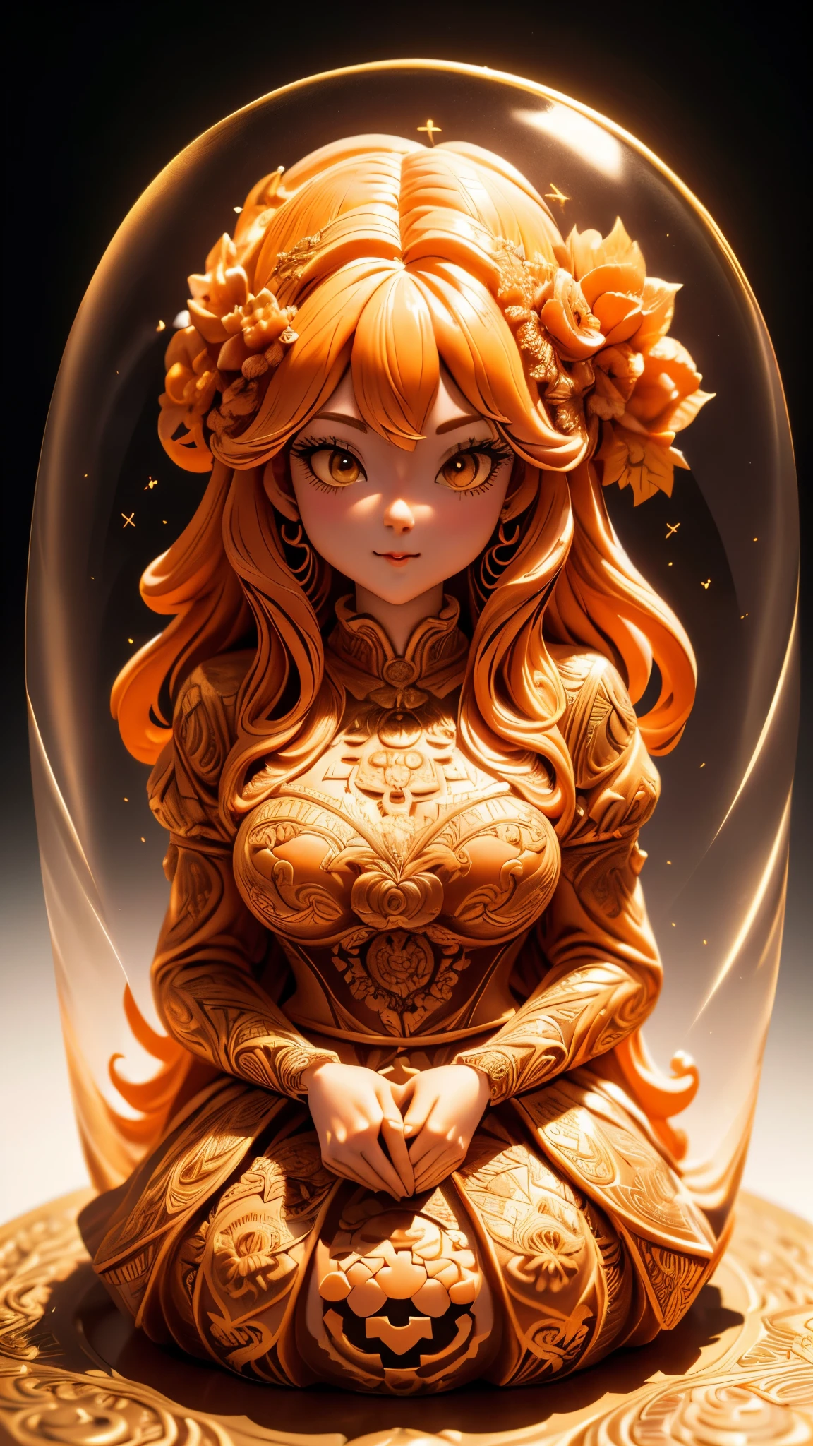 (A cute girl carved from a large pumpkin:1.1),(whole body),Beautiful long-haired girl,Retro court long skirt,16k,Orange,relief, and honest dining table background,Fruit carving,food engraving,Three-dimensional engraving,scenography,food sculpture design, close-up, rotated, rococo style, Classicism, depth of field, UHD, masterpiece, ccurate, super detail, high details, high quality, award winning, best quality, highres, 16k,soft light lighting,