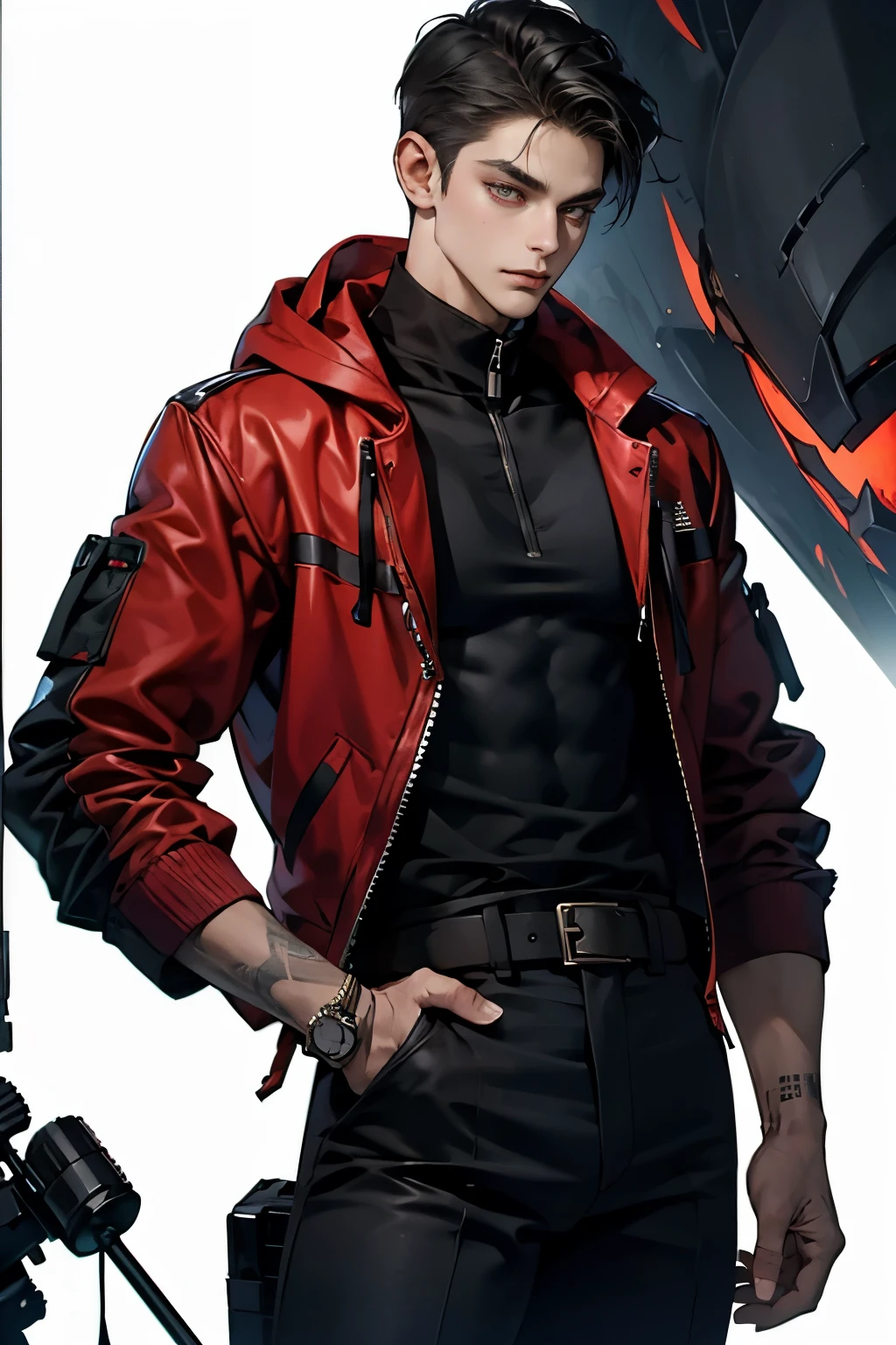 A close up of a person in a red jacket and black pants - SeaArt AI
