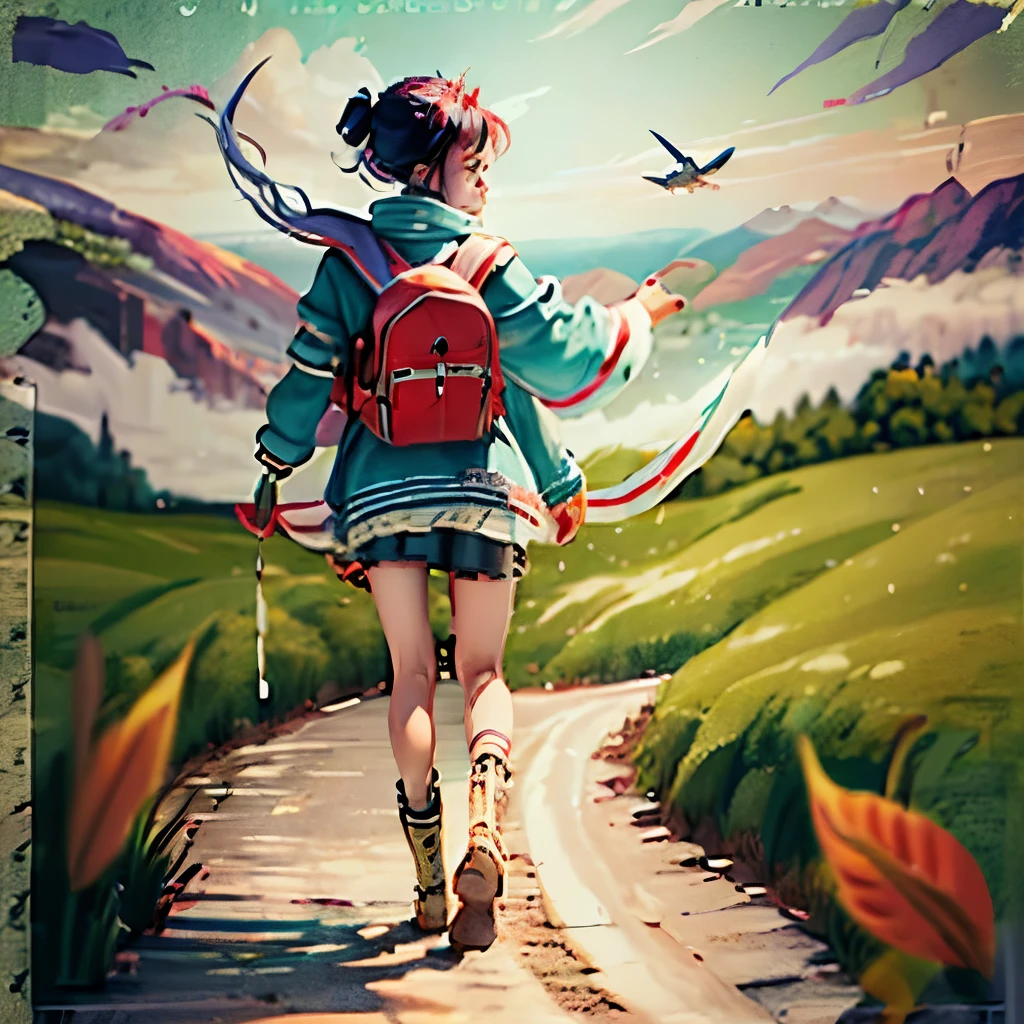 An 18-year-old girl, at the top of a hill, long hair fluttering, punk style, embodies the combination of punk style and tradition, high quality, 8k, --auto --s2