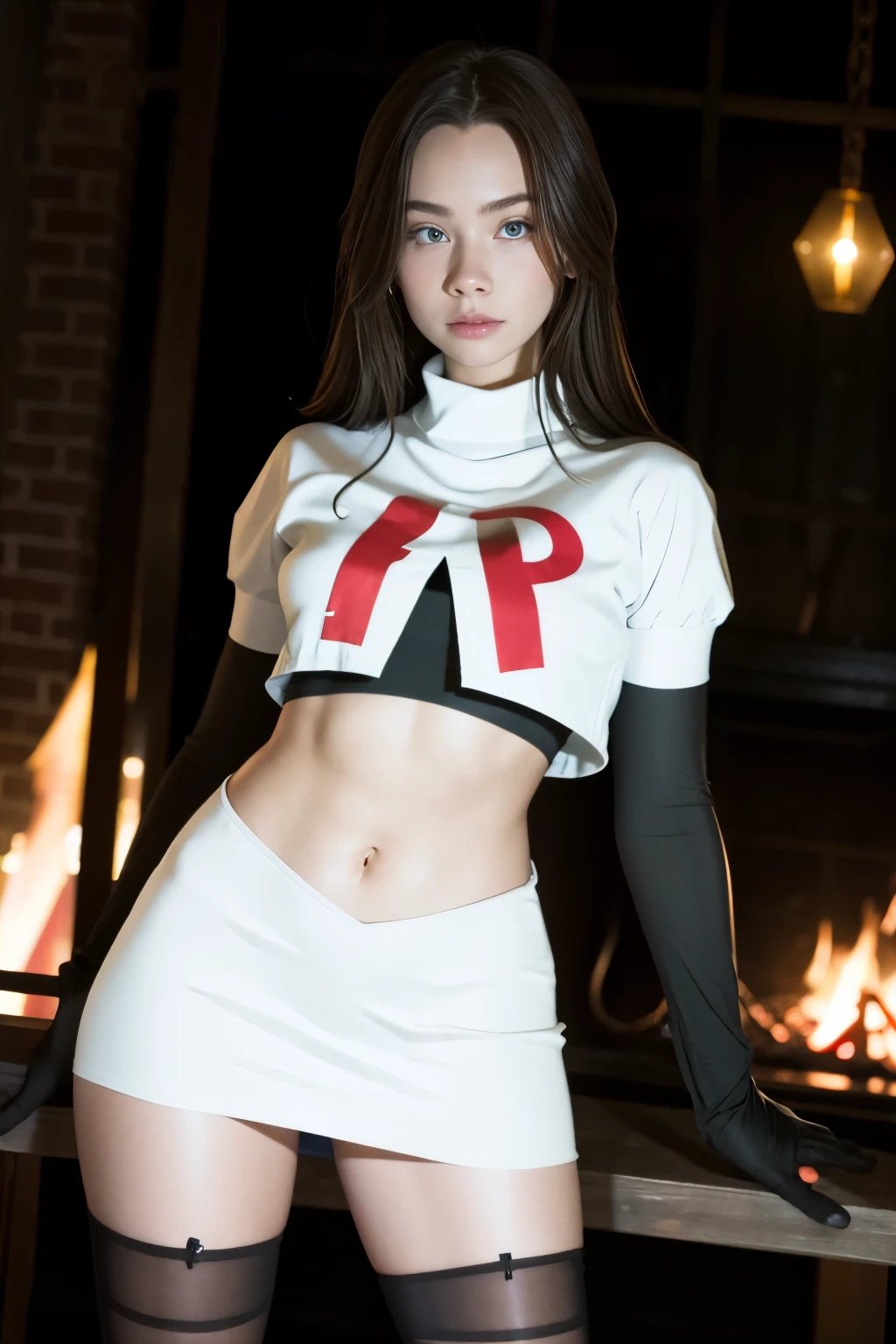 brandygordon, team rocket,team rocket uniform, red letter R, white skirt,white crop top,black thigh-highs, black elbow gloves,