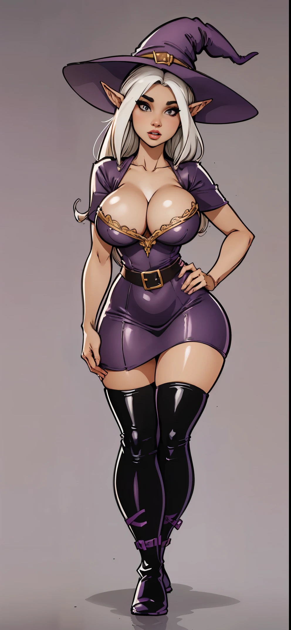 ((big breast, big hips)), (very longer elf ears), (mature), beautiful female, ((very taller height)), white long messy hair, {purple} large witch hat, {purple} cutout cleavage dress, ({purple} pelvic curtain), latex thigh-high cuff boots, witch, full body, standing, perfect detail, excellent detail, perfect body detail, ultra body detail, realistic detail, super realistic detail, ultra realistic detail, highly realistic detail, 