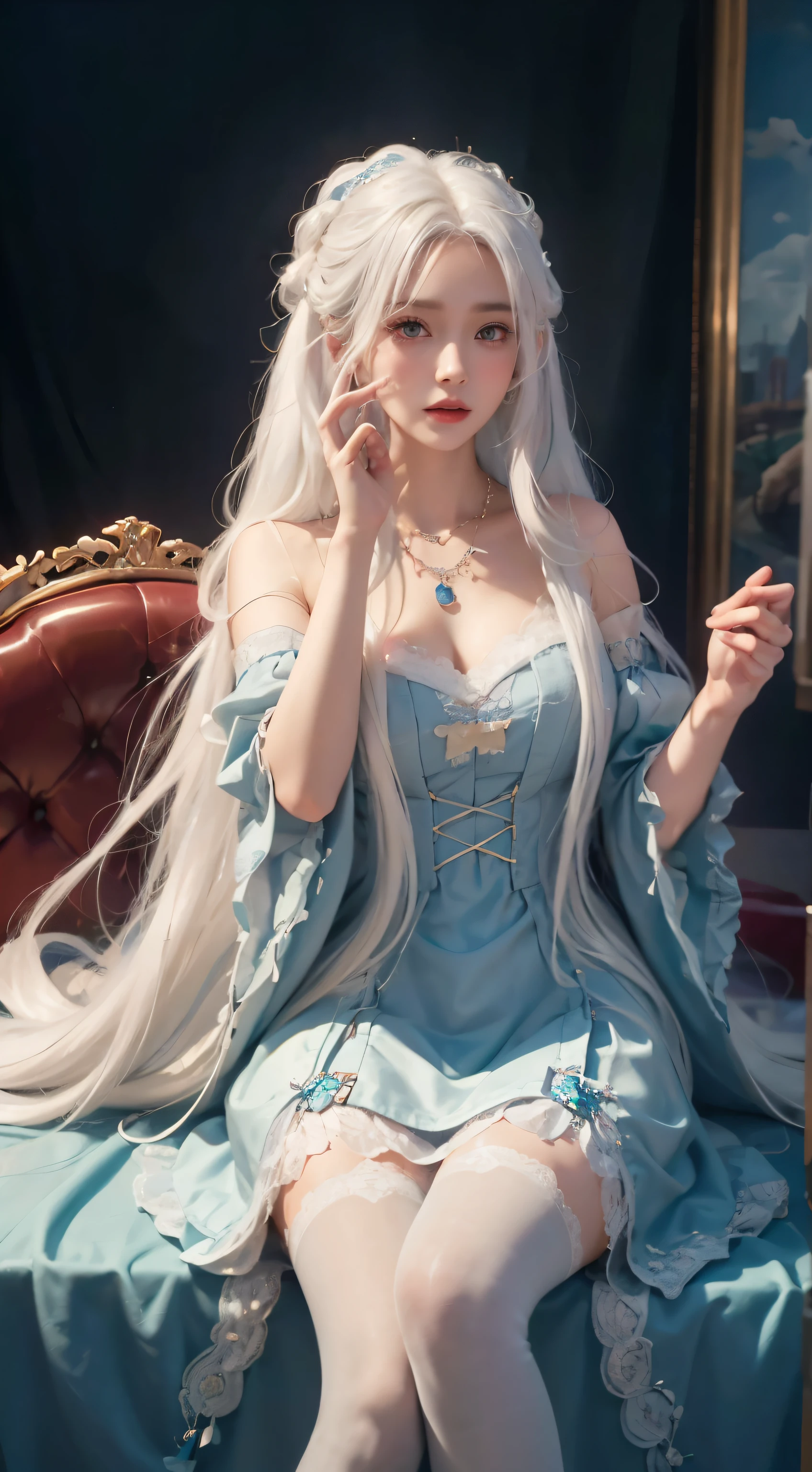 (((Colorful hair, [White hair]))), Ultra-realistic 8k CG, picture-perfect face, flawless perfection, Clean, tmasterpiece, professionalartwork, famousartwork, 电影灯光, cinematicbloom, s the perfect face,(young:1.2),((20yr old)), pretty  face, pretty eyes, (((Perfect female body, Willow waist))), Young princess, Royal, Holy, goddes, Holy, (royal palace), fanciful, It's like a dream, unreality, scientific fiction, (normal:1.2), Lolita costume，Beautiful outfit, Lace, Lace edges, Lace-trimmed tights, NSFW,, Ridiculously long hair, Very long hair, (Rich:1.4), choker necklace, 耳Nipple Ring, bangle, armlets, view the viewer,(Tong:1), (Hands have up to five fingers), (Redlip)