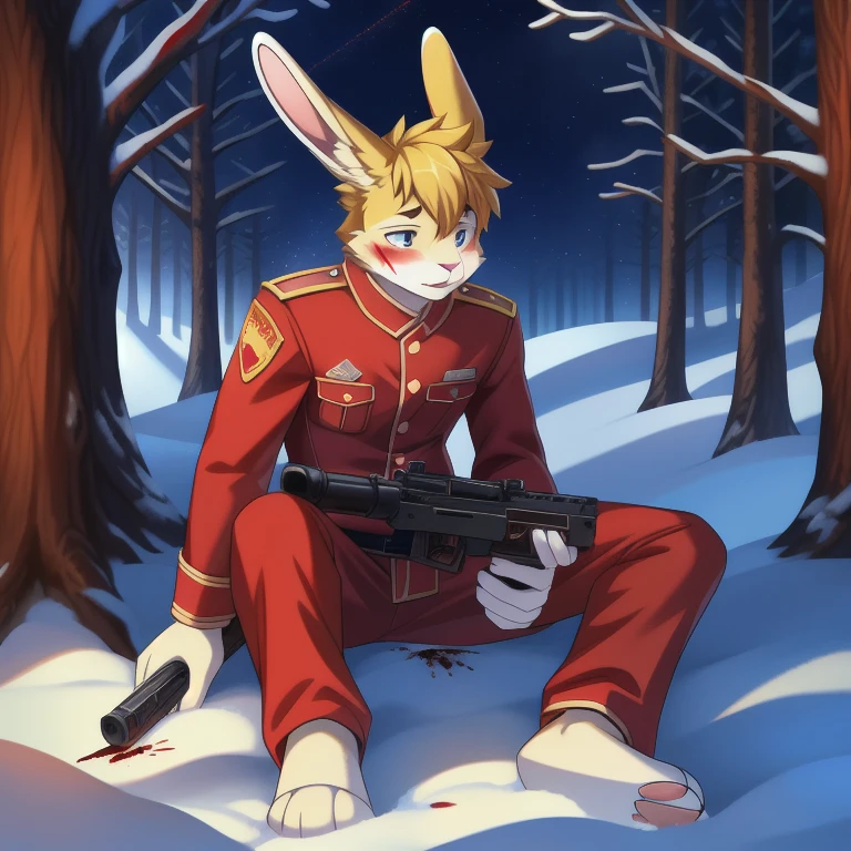 solo, male, rabbit, yellow colored fur, lean body, Anthropomorphic rabbit, Soviet uniform, sitting behind tree, blood trail in snow, holstering gun, nighttime, flare falling from sky lighting the forest in red, exhausted, witnessed his comrade get torn apart by a monster