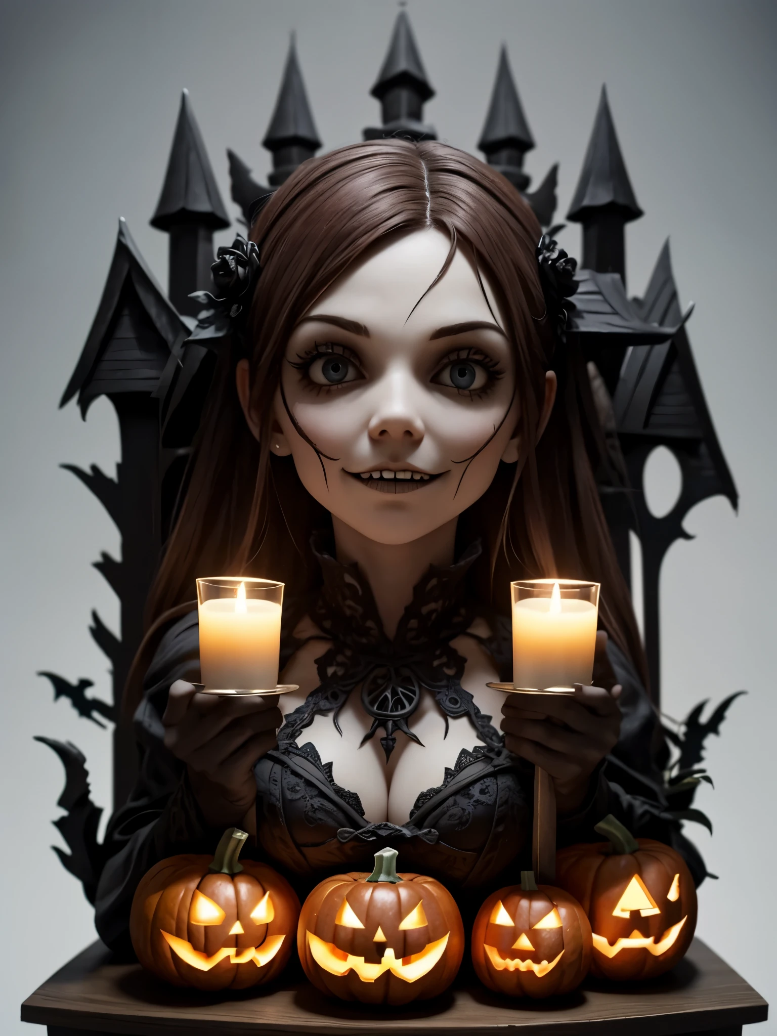 best quality,ultra-detailed,photorealistic,3D rendering,(jack-o-lanterns:1.2),(pumpkins:1.1),spooky atmosphere,autumn colors,(soft candlelight:0.9),(dark shadows:0.9),vibrant orange pumpkins,meticulously carved faces,impressive sculpting skills,hauntingly realistic expressions,twinkling candle flames,flickering lights,creepy,seemingly alive pumpkins,elaborate designs,nighttime glow,witches,full moon,crisp cool air,gothic backdrop,monstrous faces,nightmarish atmosphere eerie ambiance,enchanted Halloween scene