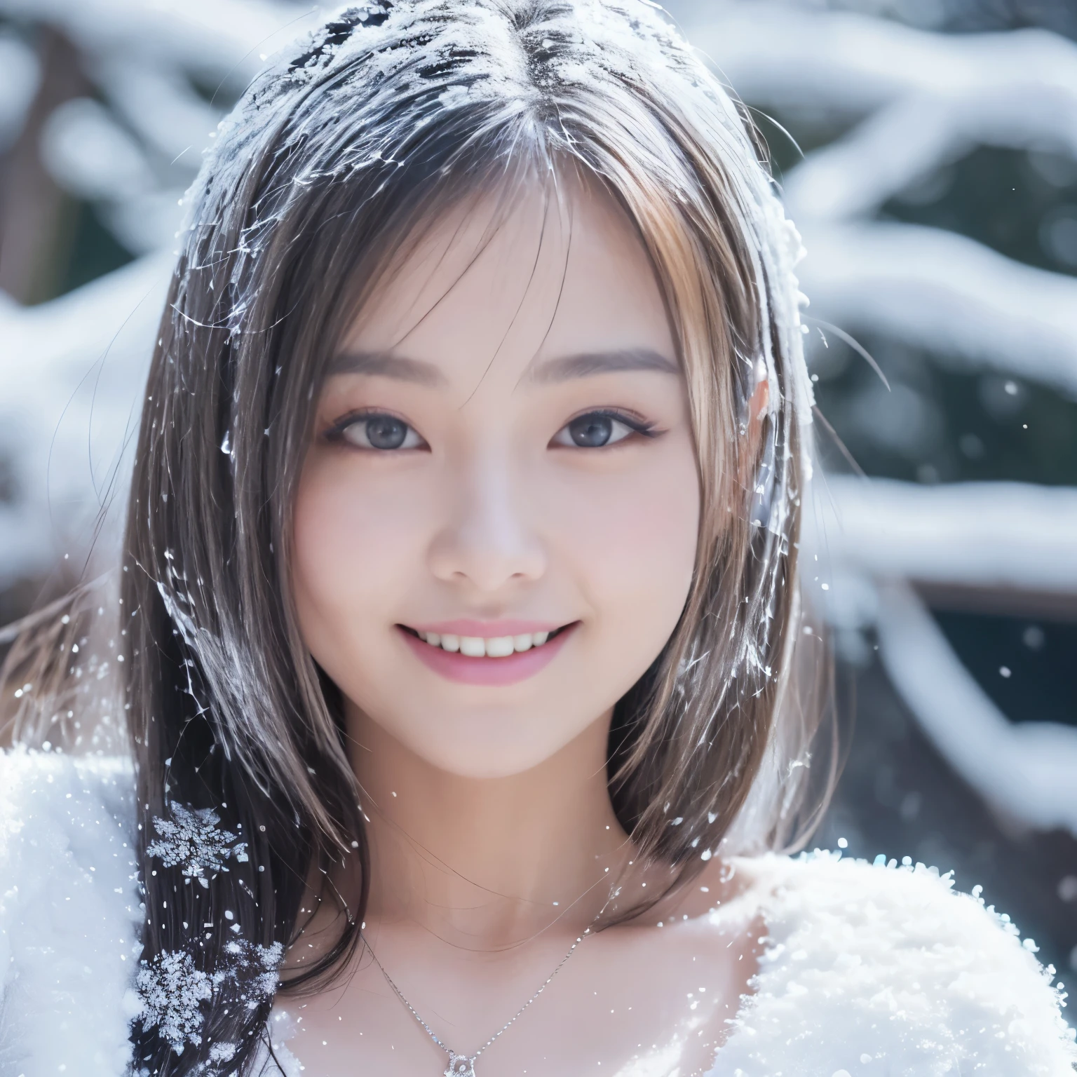 Best-quality, Masterpiece, Ultra-High-Resolution, (Photorealistic:1.4), Raw-Photo, 1girl, the most famous Japanese actress, in heavy-snowy-mountain, wearing only white loose-sweater, (leaning forward, looking at viewer, grinning), extremely beautiful face like a most popular Japanese actress, extremely beautiful big-black-solid-circle-eyes, extremely beautiful white-snowy-hair, extremely beautiful abundant-cleavage, detailed heavy-snowy-mountain, detailed beautiful-face, detailed beautiful-big-black-solid-circle-eyes, detailed beautiful-white-snowy-hair, detailed abundant-cleavage, detailed white-loose-sweater