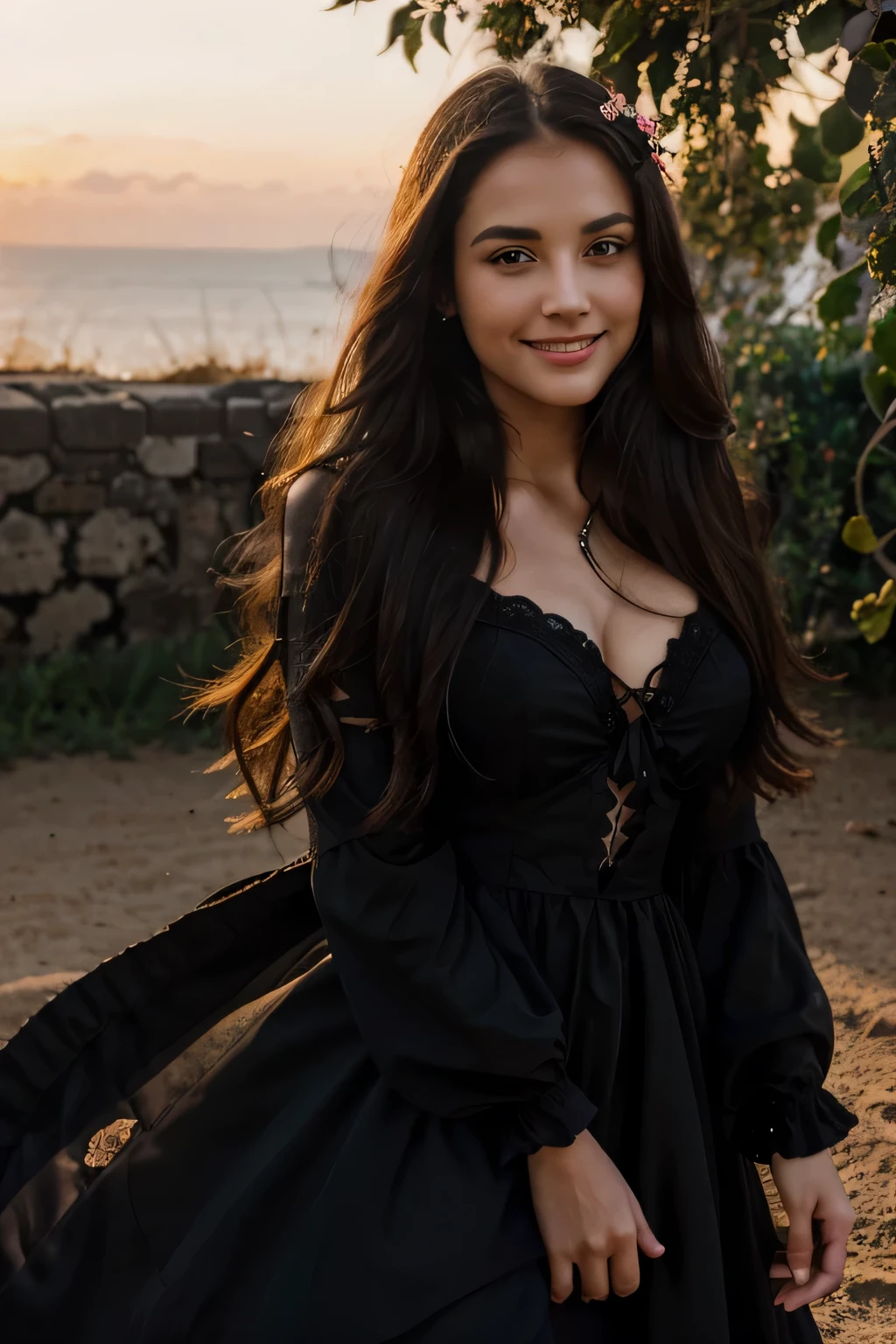 girl,facial expression,smiling,eyes,lips,beautiful,detailed,long hair,black roses,dress,fully covered,front view,sunset,backlight,realistic