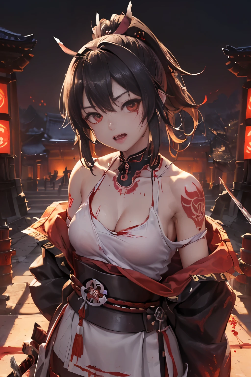 最high quality、best image quality、In 8K,4K,masterpiece、(NSFW:1.1)、super detailed、beautiful、超high quality、-like、nice、((smaller breasts:1.4、narrow cleavage, under booblad:1.4), Full of wounds:1.1), Blood everywhere, (Blood on clothes:1.1), blood pool, (Covered with blood:1.3))、with a girl(((18-year-old、A bloodstained white cloth was wrapped around his chest....:1.5、Defeat a samurai zombie with a Japanese sword:1.5、White loincloth with blood on the waist:1.5、ponytail:1.5、dark brown hair:1.3、Torn Hakama:1.2、Disturbed armor:1.2、Putting out fangs:1.5、I have a Japanese sword in my right hand:1.5、He holds a Japanese sword sheath in his left hand....:1.5、Hold the Japanese sword vertically with your right hand....:1.5、red eyes、erotic:1.4、happiness、tattoo)))、high quality、visual art、With background((neon, night:1.3、temple background:1.3、Horde of samurai zombies:1.3))、table top