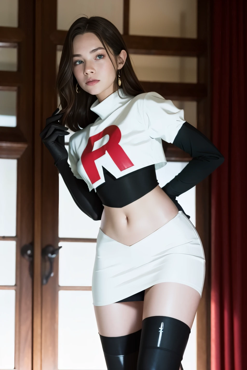 brandygordon, team rocket,team rocket uniform, red letter R, white skirt,white crop top,black thigh-highs, black elbow gloves,