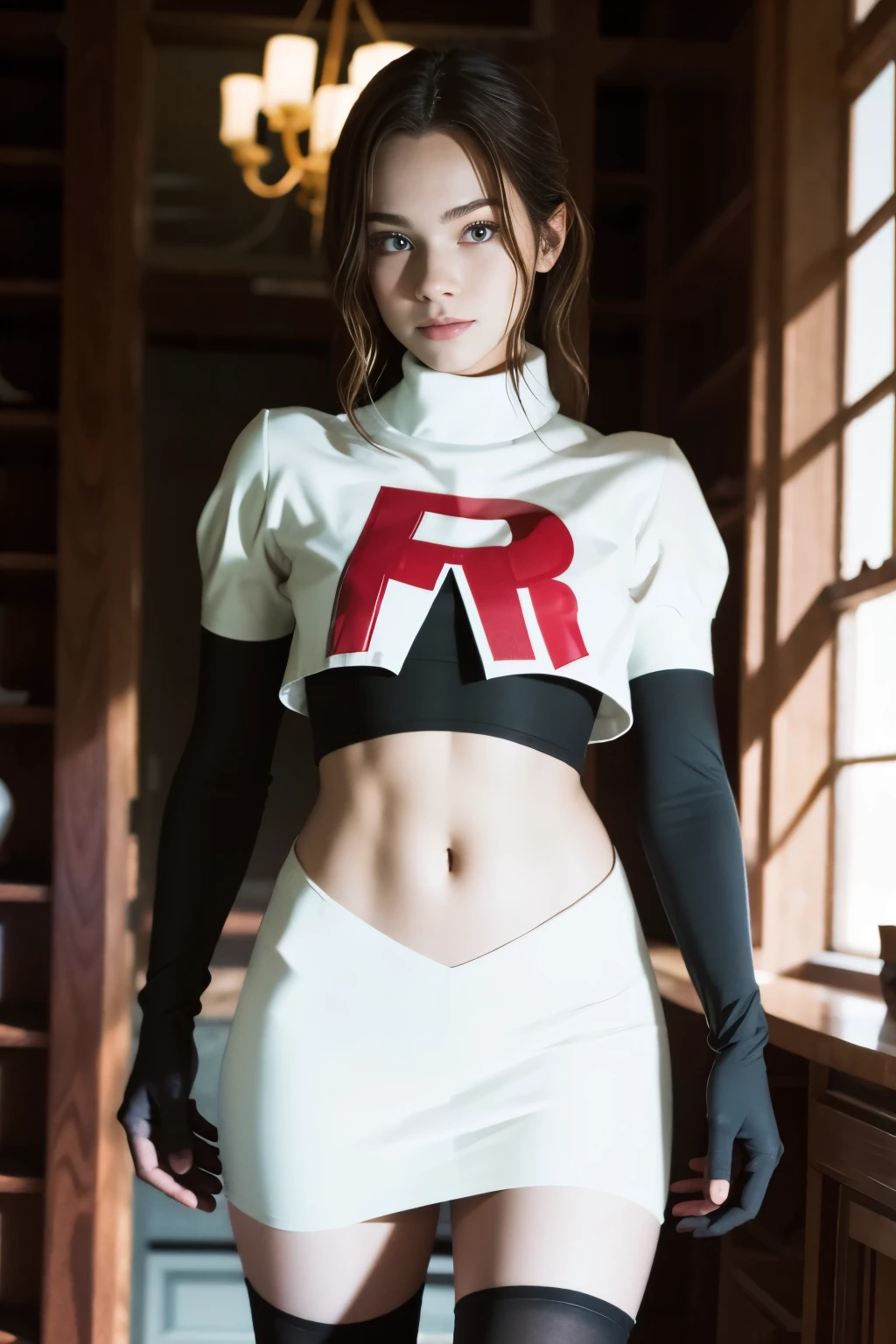 brandygordon, team rocket,team rocket uniform, red letter R, white skirt,white crop top,black thigh-highs, black elbow gloves,