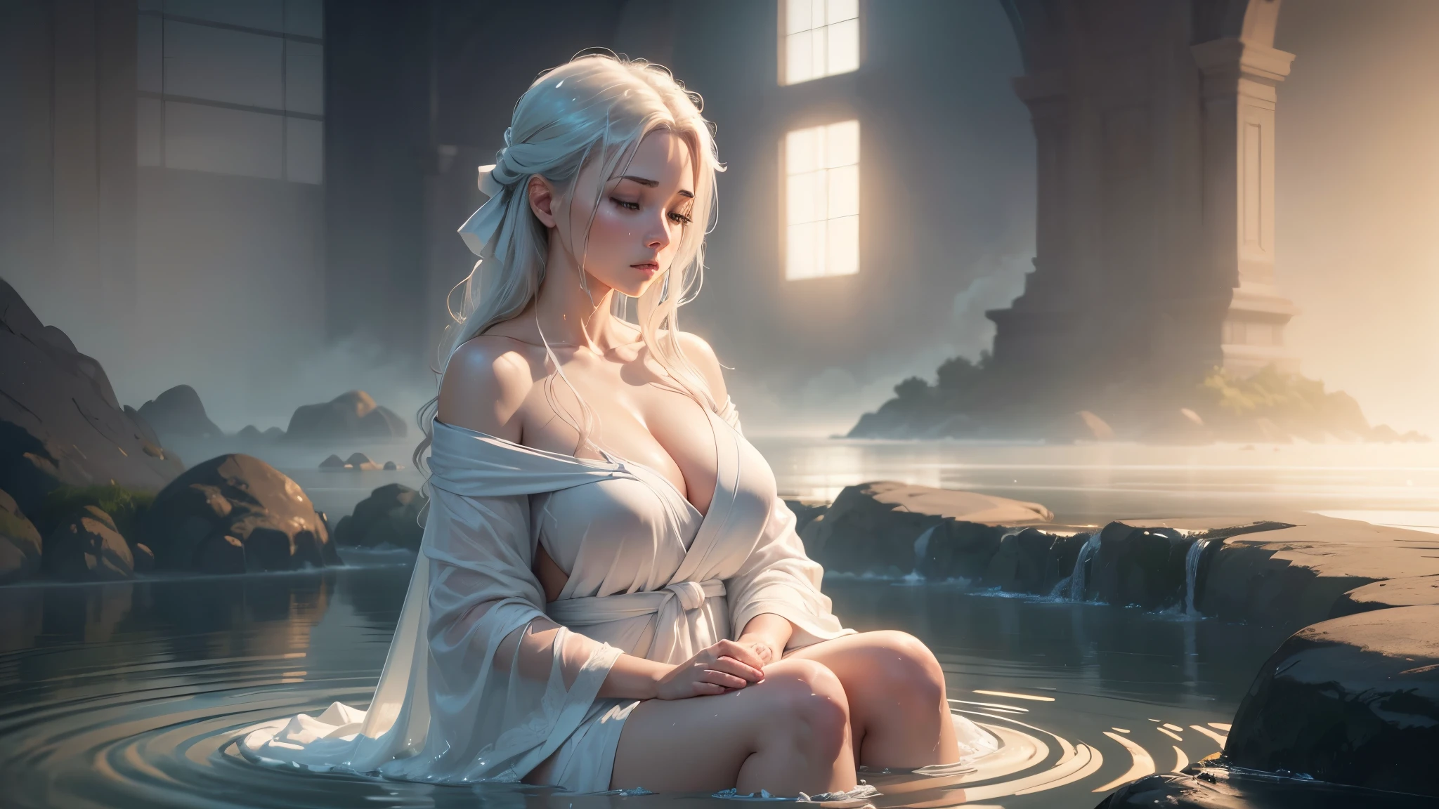 A serene scene of a woman bathing in a white robe, (far away), ((Hyper realistic:1.2)), ((early morning, foggy)), ultra detailed, realistic, 8k, (((sfw:1.4)))