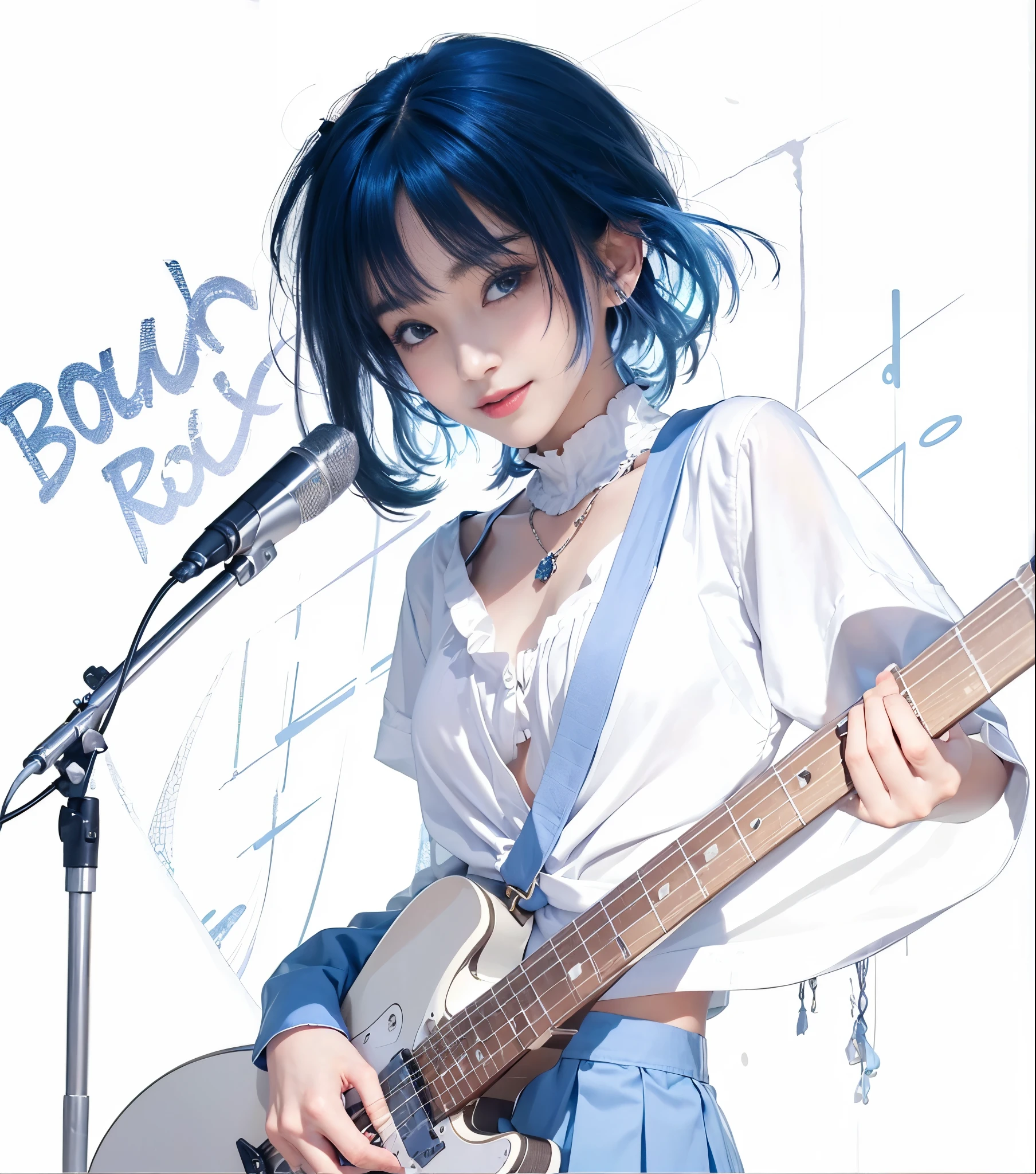 Beautiful and beautiful woman,Smile,,Realistic style,deep understanding,Perfect body,big eyes beautiful hair,,white top, Wear more,Smile,White skin,happy,flat chest,small breastlue hair,holding guitar,blue hair,pleated skirt