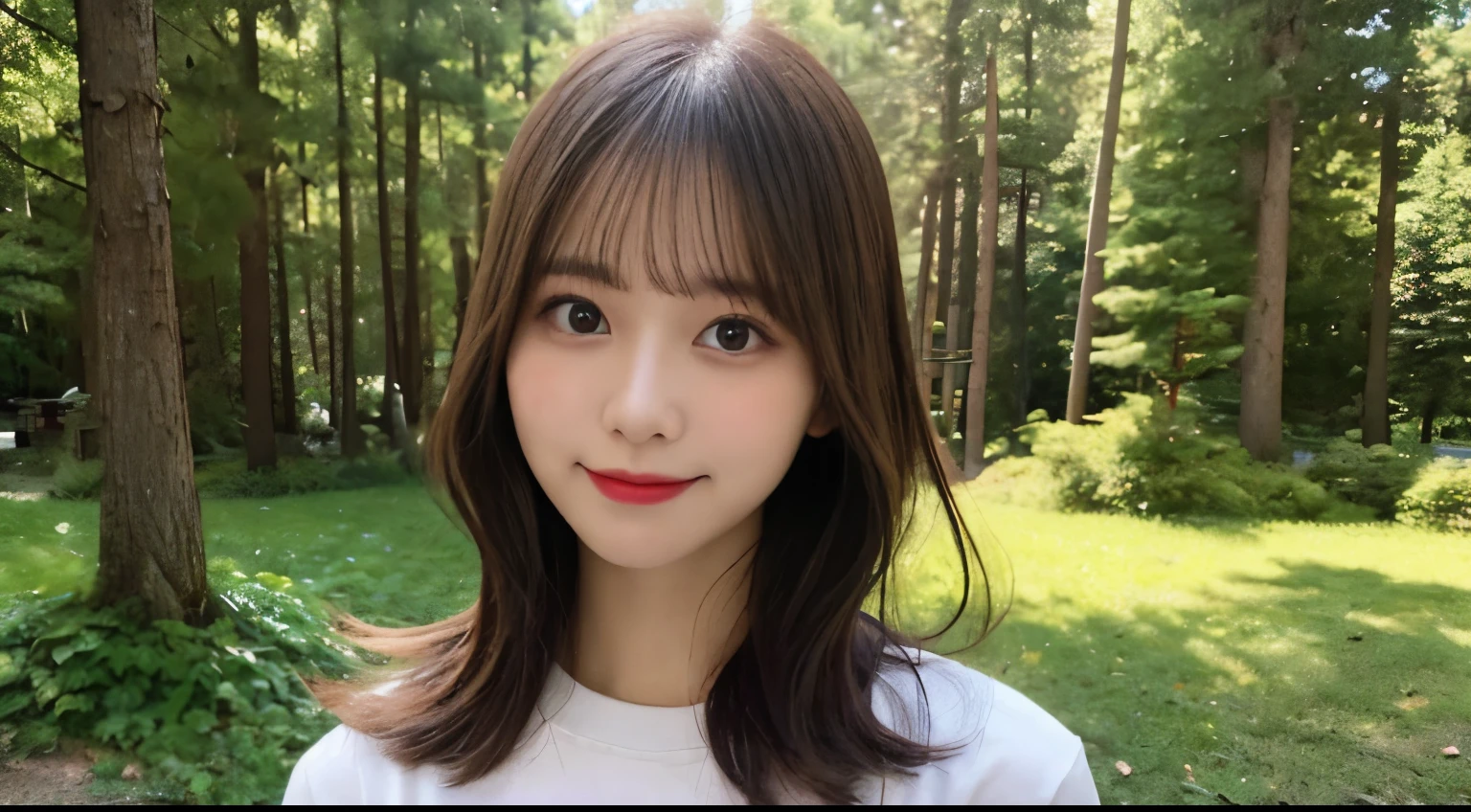 muste piece, best quality, illustration, Super detailed, fine details, High resolution, 8K Dende Wallpaper, perfect dynamic composition, beautiful detailed eyes, She is wearing an olive long T-shirt,medium hair,natural color lip, shy smile,Harajuku style、20 year old girl、There is only one person, bust up photo、cute type、looking at camera、C Cup、brown hair、mountain forest campsite background、Copy Space