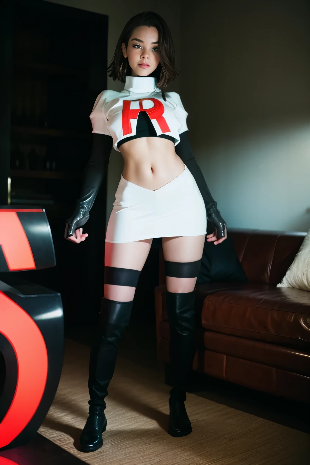 brandygordon, team rocket,team rocket uniform, red letter R, white skirt,white crop top,black thigh-highs, black elbow gloves,