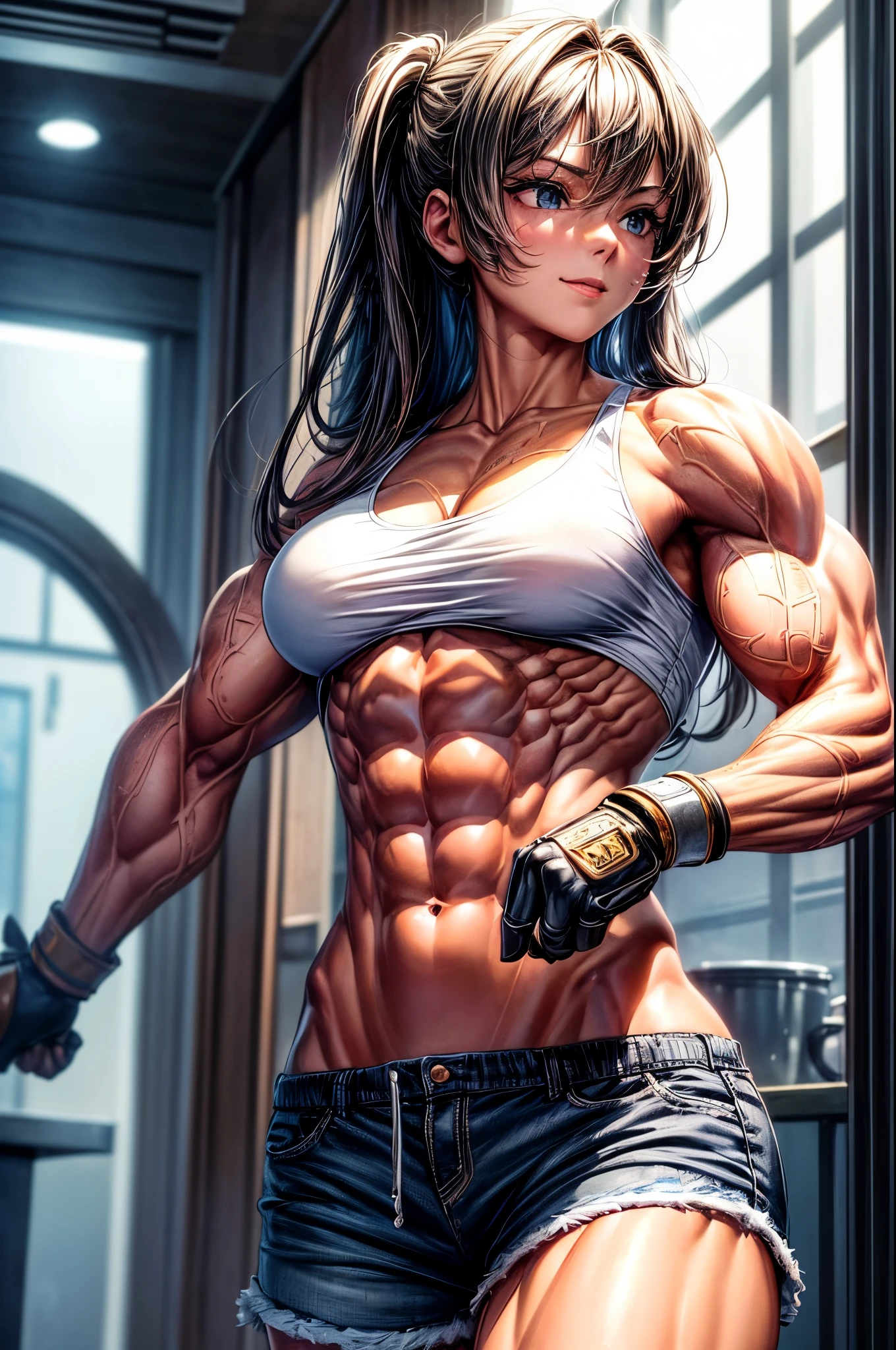 (best lighting) , (Extremely complex and detailed) , 4K unified, (Super detailed CG: 1.2) , (8k: 1.2),(The original), (masterpiece) , (best quality),(masterpiece:1.4),Anime-like high quality,(masterpiece),masterpiece, Super clear picture quality，Clearer than the face in the movie）best quality, Ridiculous Easter Peace, 4K, 8k, Yes, high resolution))1个girl, female student，Smile，Shorts，ten pack abs，Clear abs，Sculpted abdominal muscleulging veins on abdominal muscles，Strong abdominal muscleaggerated abdominal muscles，Thick and firm abdominal muscles，Absolutely unrivaled abodybuilder:1.5)),Inside the house,(beautiful bass),(girl),(woman),(((Upper body:1)))