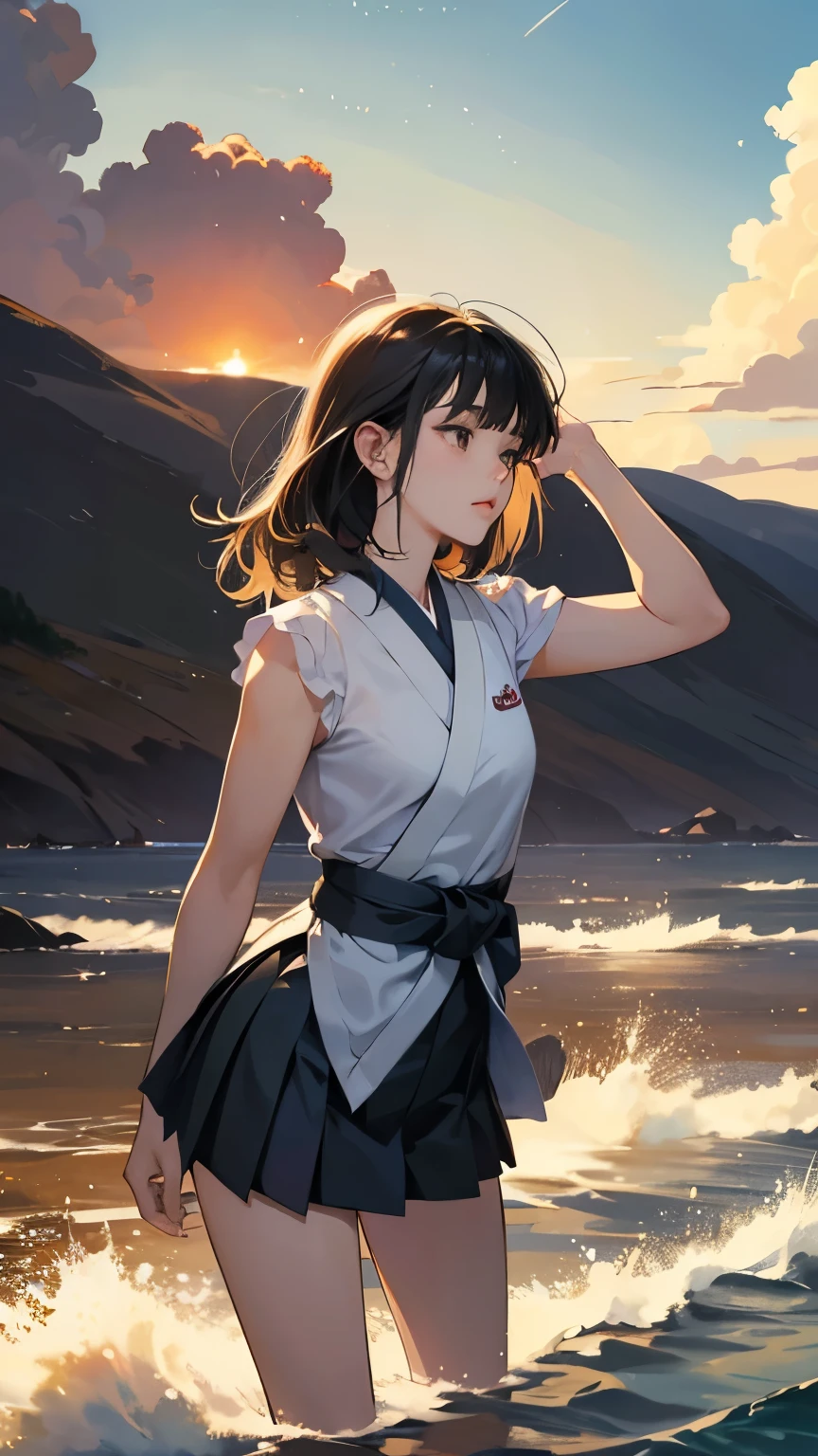 Rébecca Dautremer, Keiko Takemiya, Surreal, mysterious, strange, fantastical, fantasy, Sci-fi, Japanese anime, fisherman in the air, decomposing sun, sea desert, miniskirt beautiful girl, perfect voluminous body, detailed masterpiece