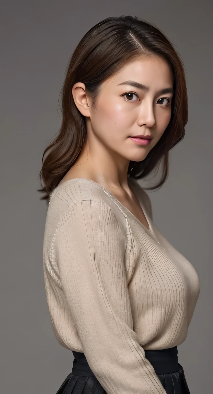 Masterpiece, top-quality, high resolution, Photorealsitic, sharp, Raw photography, 8K wallpaper, flawless, Professional lighting, highly detailed, depth of fields, Pale solid color background, ((one beautiful women, Skinny Japanese mature)), (40 years old), Sexy, Detailed face, beautidful eyes, bangs, small breasts, very thin waist, Light Brown Straight Hair, Faint lips, ((standing at front, Staring at the viewer, serious face eyes.)), Sweaters, skirt, (full-body photo), cowboy shot