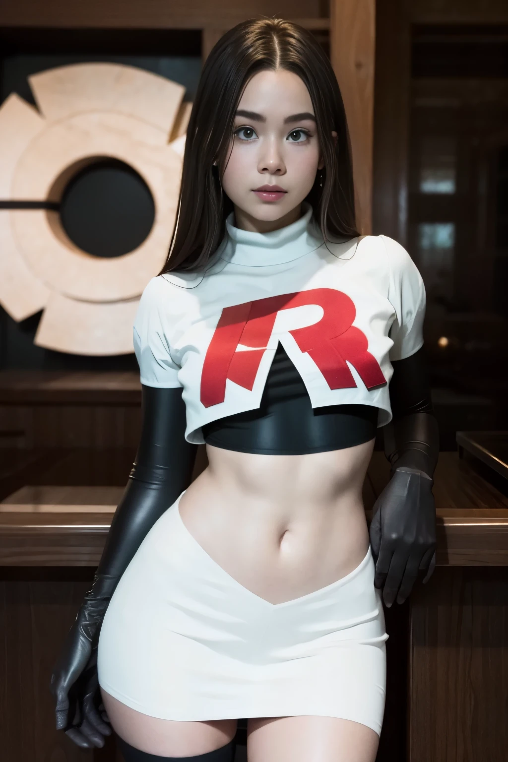 brandygordon, team rocket,team rocket uniform, red letter R, white skirt,white crop top,black thigh-highs, black elbow gloves,