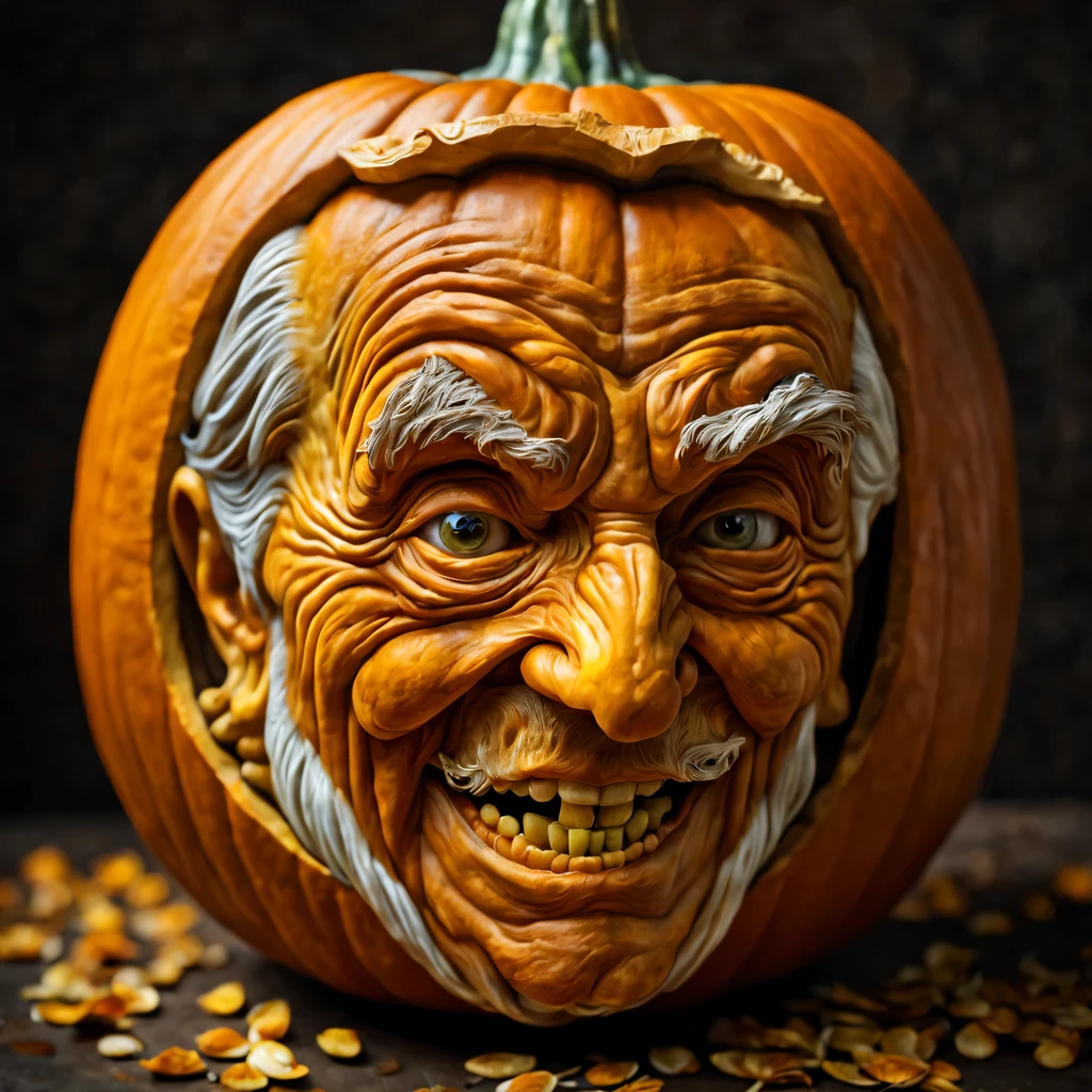 Pumpkin carving Art, Pumpkin carving, a detailed old man's head is carved from a pumpkin, the old man smiles a lot, pumpkin seeds fall out of mouth, hyperrealistic, high detail, detailed, photorealistic, natural pumpkin colors, daylight, Neutral background