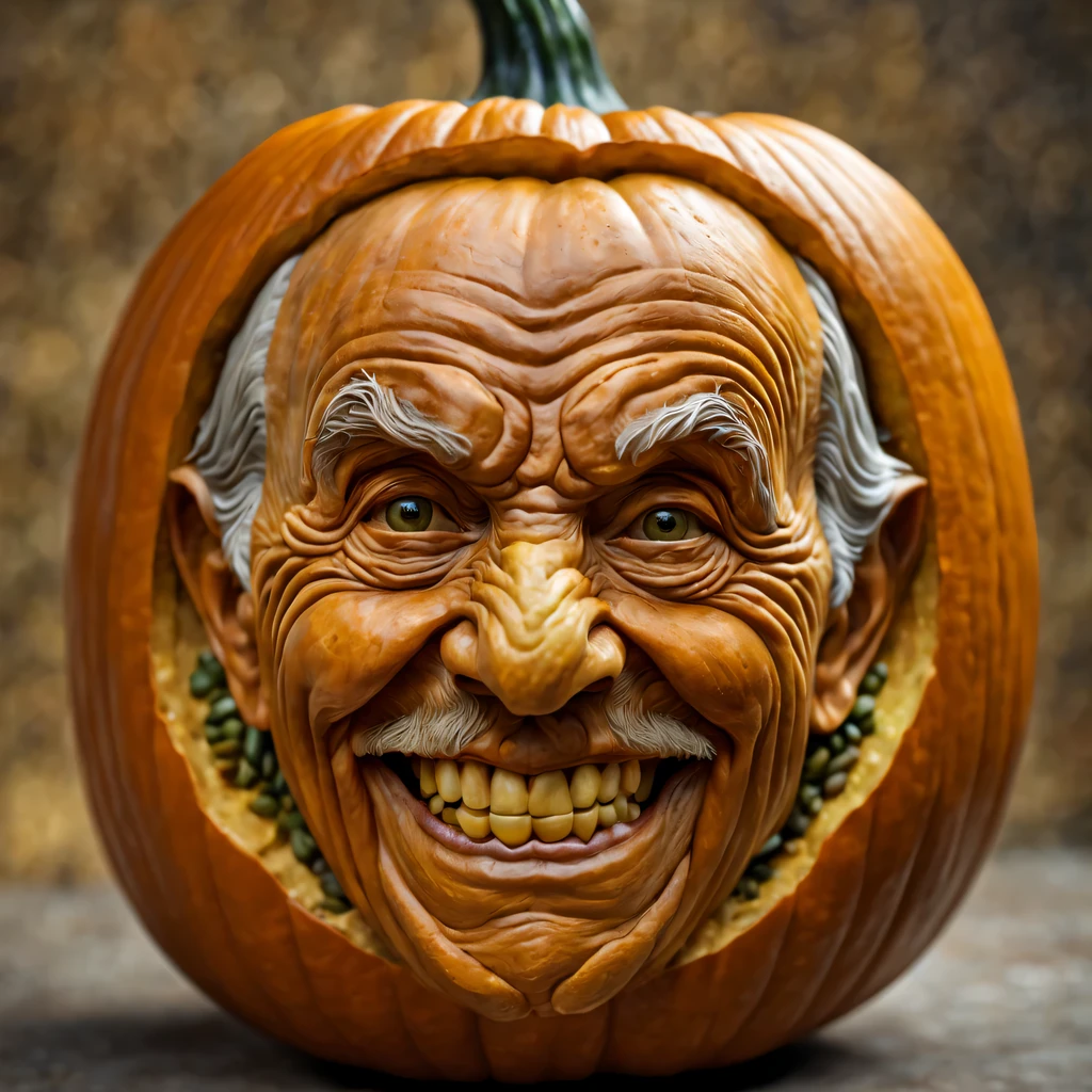 Pumpkin carving Art, Pumpkin carving, a detailed old man's head is carved from a pumpkin, the old man smiles a lot, pumpkin seeds fall out of mouth, hyperrealistic, high detail, detailed, photorealistic, natural pumpkin colors, daylight, Neutral background