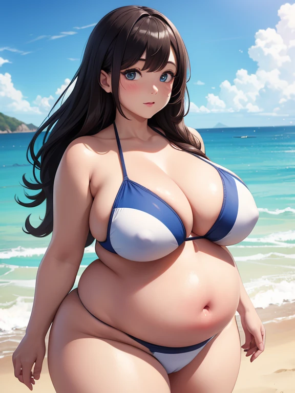 strong ssbbw, bulk body, triplet pregnant belly, nine months, big thighs, one navel, bikini, beach, emotional