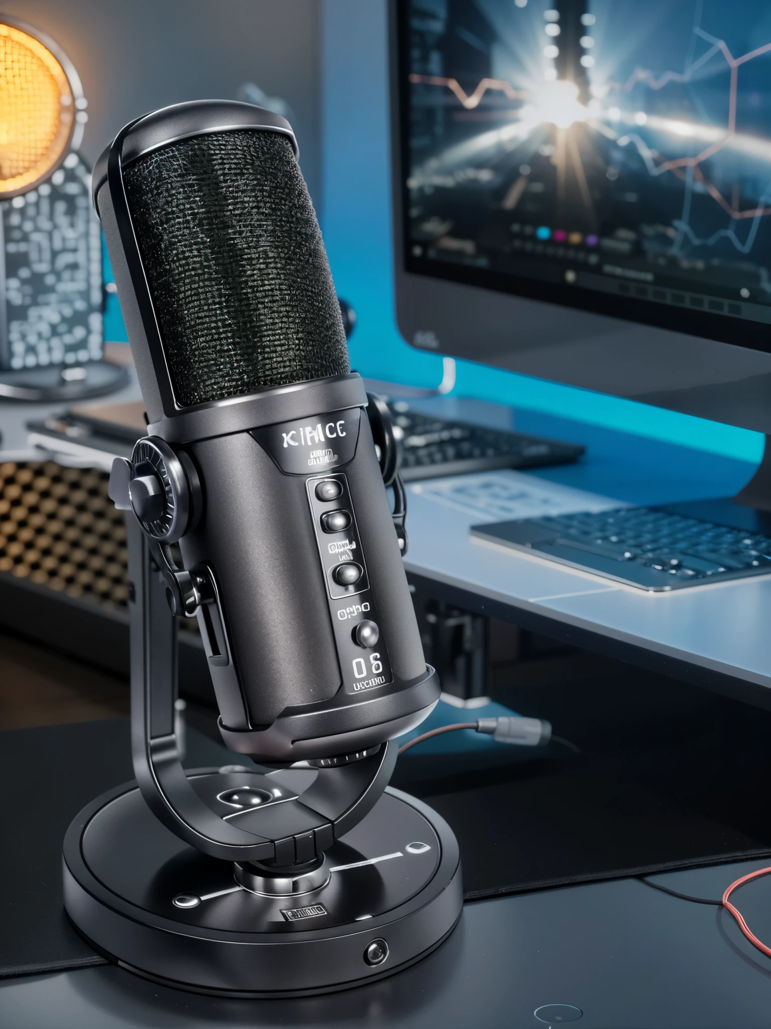 a close up of a microphone on a desk near a computer, sitting in front of a microphone, microphone, standing microphones, studio microphone, table with microphones, studio shot, rapping into microphone, micropohone, microphones, professional grade, ultra - detailed, ultra-detailed, streaming on twitch, easy to use, full - view