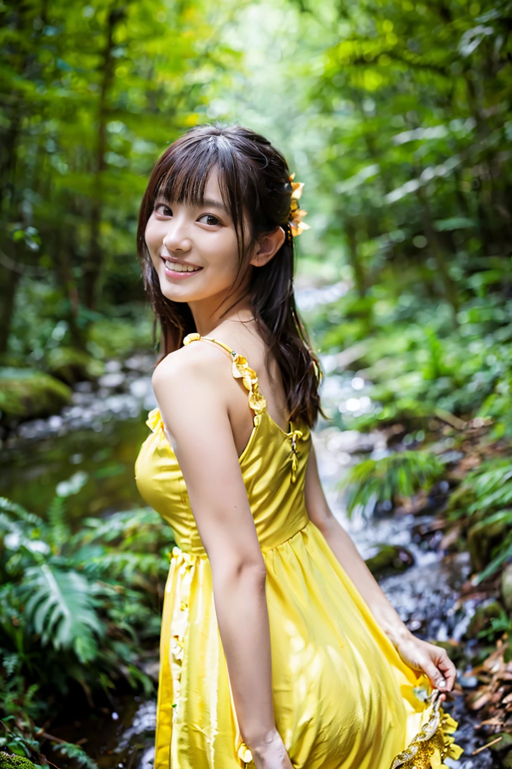 fantasy atmosphere photos、Japanese woman wearing a cute yellow dress、In the forest where a stream flows、looking at me and smiling、Detailed photo quality