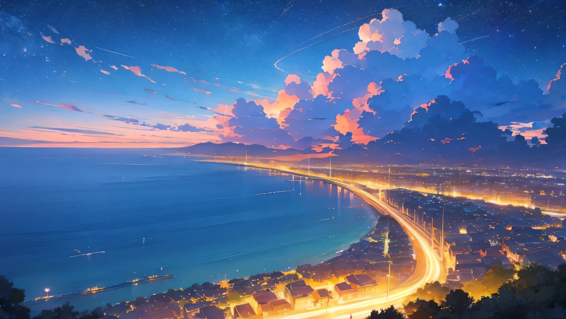 beautiful sky in the nigh with clouds and stars romantic and nostalgic with the sea in the background