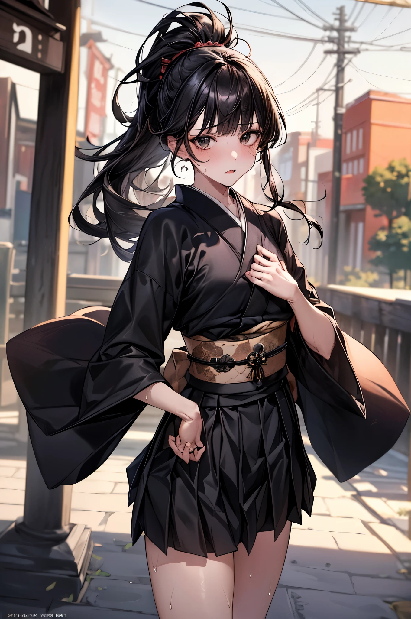 ,(Official art、Best Quality、Unity 8k Wallpapers、32K,masterpiece Best Quality, absurderes, Perfect Anatomy:1.5, Unity 8k Wallpapers,best cell anime), Detailed beautiful face and eyes,shoot from front,cowboy shot,(1woman,solo),18 year old beauty、Japanese、black hair,ponytail:1.2,long hair:1.2,blunt bangs,black eyes,teareul:1.3,shy look、((smaller head:1.2、skinny,medium breasts,sweat:1.1)),(Black(kimono、pleated mini skirt))、(lift the skirt:1.3,white panties),bustling street、outdoor、Taisho era Japan、
