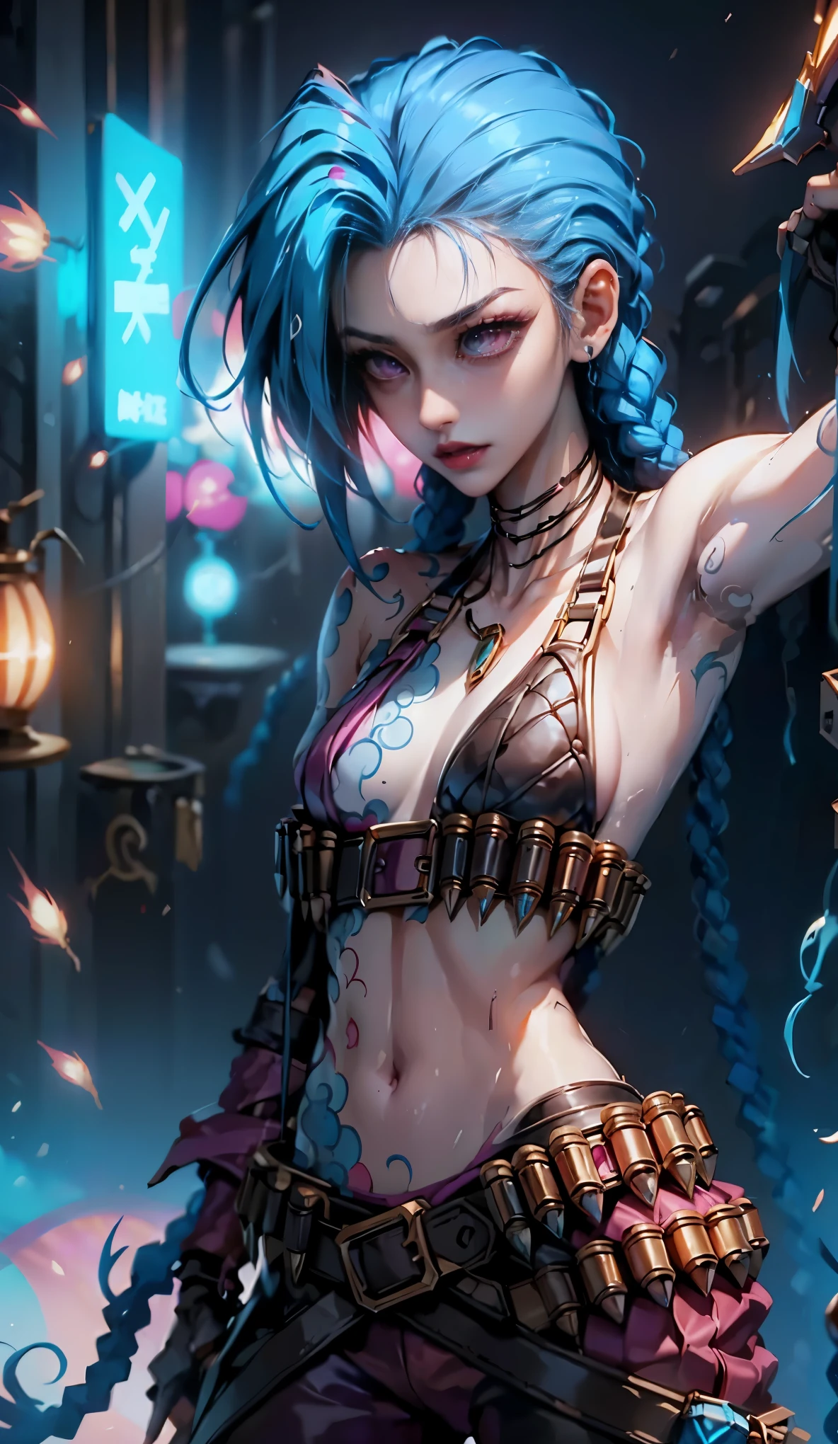 jinx arcano, uma mulher com cabelo azul e tatuagens, mulher cyberpunk mulher anime, pants, Deusa cyberpunk raivosa bonita, estilo de arte cyberpunk, arte digital de anime cyberpunk, arte de anime cyberpunk, Arcane Jinx Retrato, arte de anime cyberpunk, arte com tema cyberpunk, cyberpunk fantasia sombria, estilo arcano, 1 garota, cloud tattoo on the arm, asymmetrical bangs, franja, cabelo azul, blue braids, camisa marrom, tatuagem de nuvem, lateralmente, cabelo azul, cabelo longo, olhos cor de rosa, Red lips, standing , tatuagem de nuvem, Twin braids. azarar de arcano. azarar. azarar, Arcane \(Liga das Lendas\